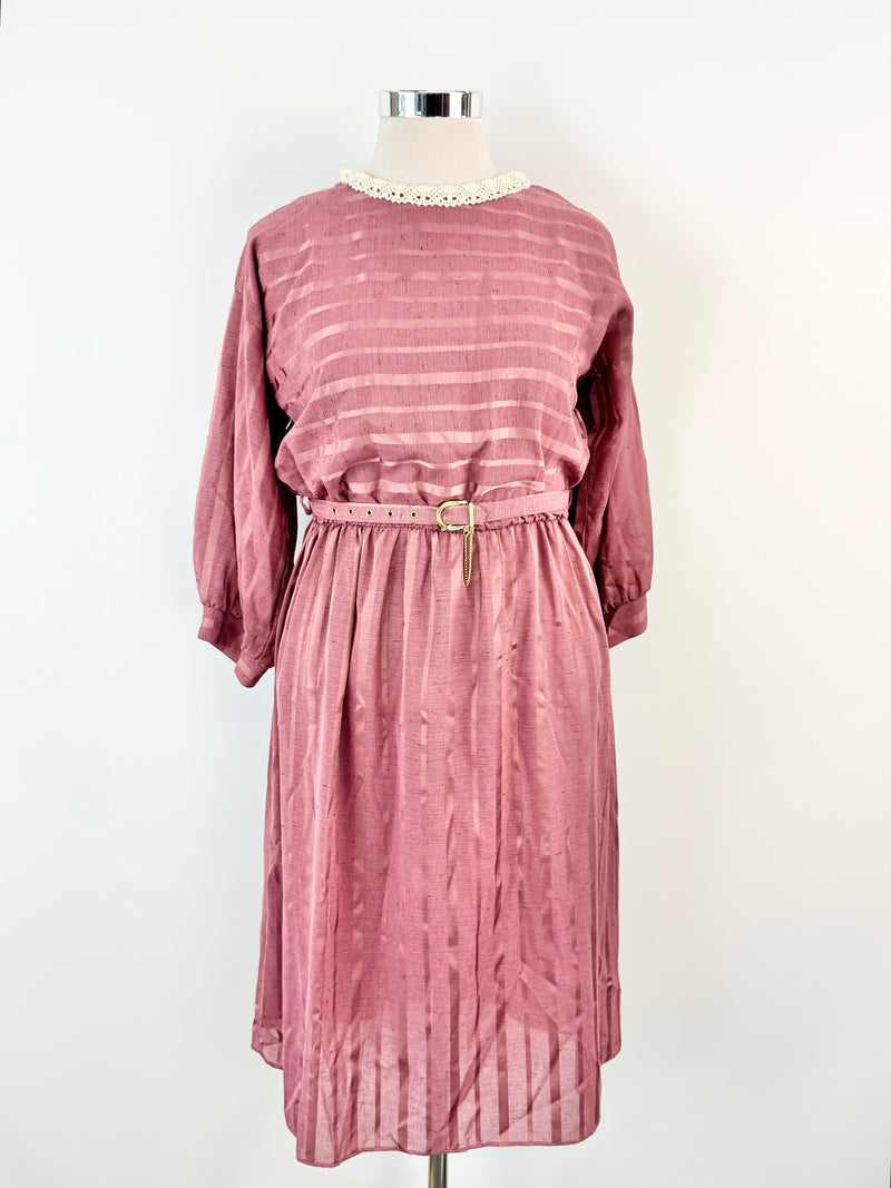 Vintage Norman Hartnell Deep Pink Crochet Neck Day Dress - AU12