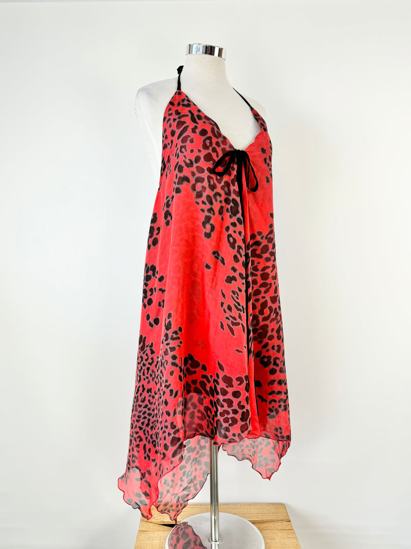 Belinda Fairbanks Red & Black Leopard Print Silk Strap Dress - AU8