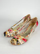 Django & Juliette Brunella Print Leather Peep-Toe Wedges - EU41