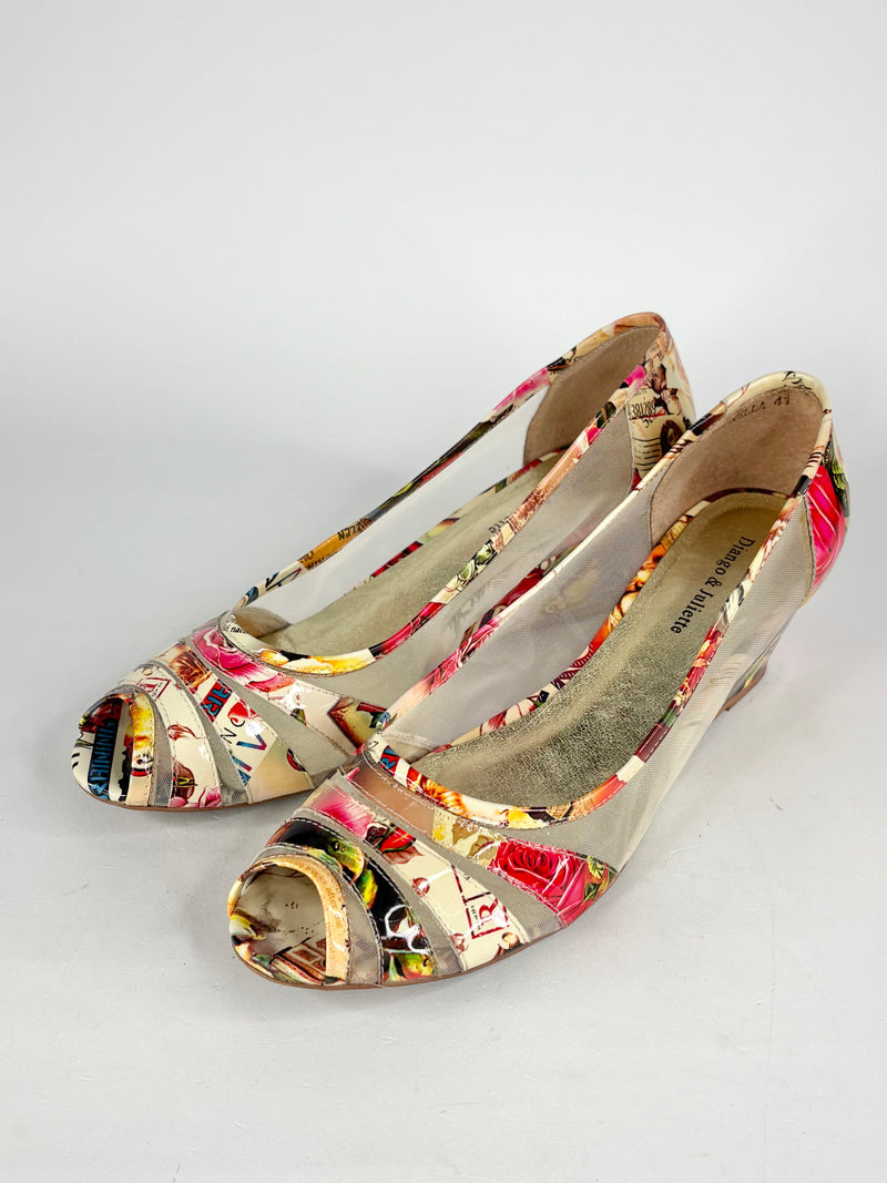 Django & Juliette Brunella Print Leather Peep-Toe Wedges - EU41