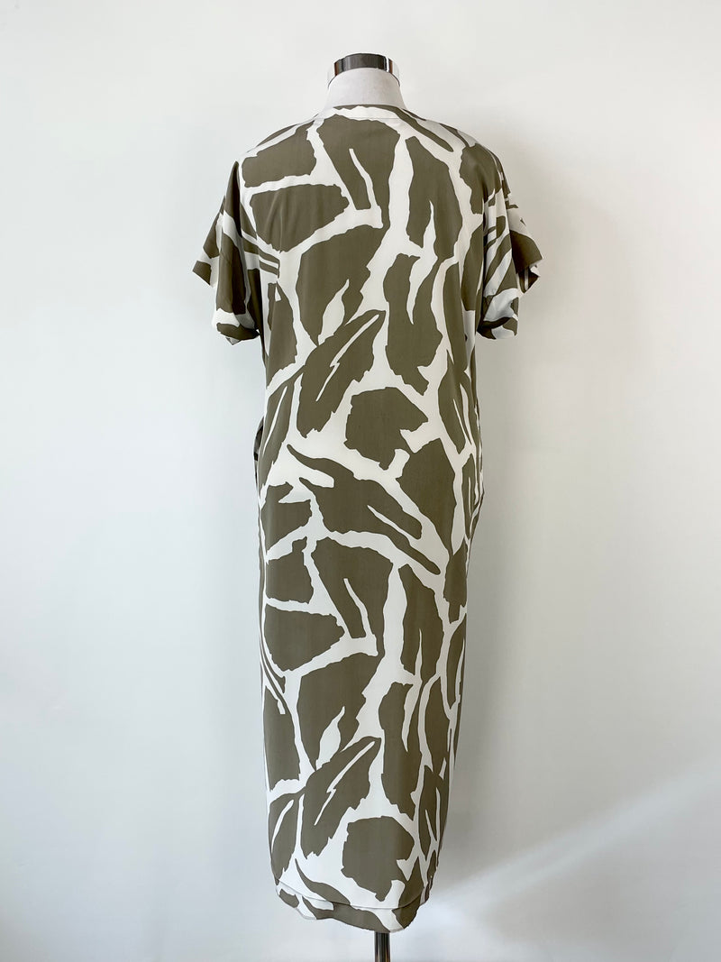 Carla Zampatti White & Taupe Camo Pattern Tie Dress - AU14
