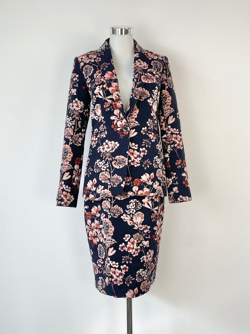 Ann Taylor Navy Blue Floral Two-Piece Blazer & Skirt Set - AU8