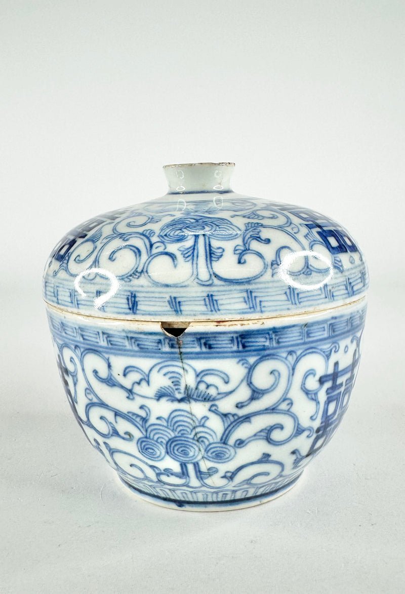 Antique 'Double Happiness' Small Blue & White Porcelain Lidded Dish