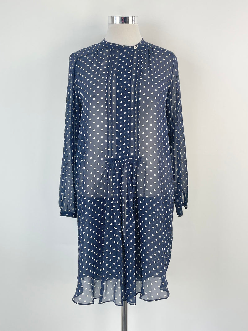 Lee Mathews Navy Blue Dotted Sheer Silk Dress - AU12