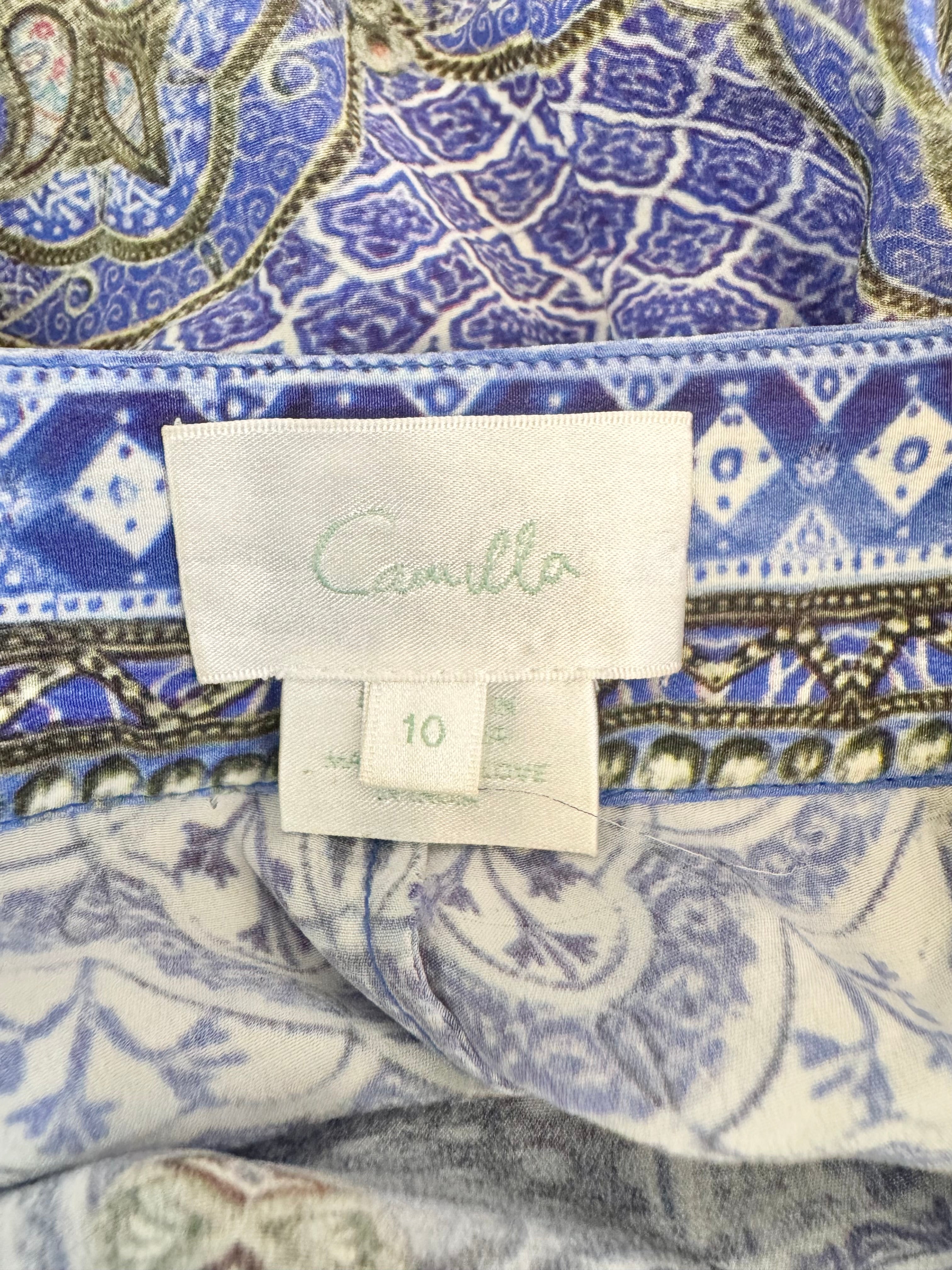 Camilla Blue Graphic Pattern 'Boheme' Silk Ruffle Trim Short Shorts - AU10