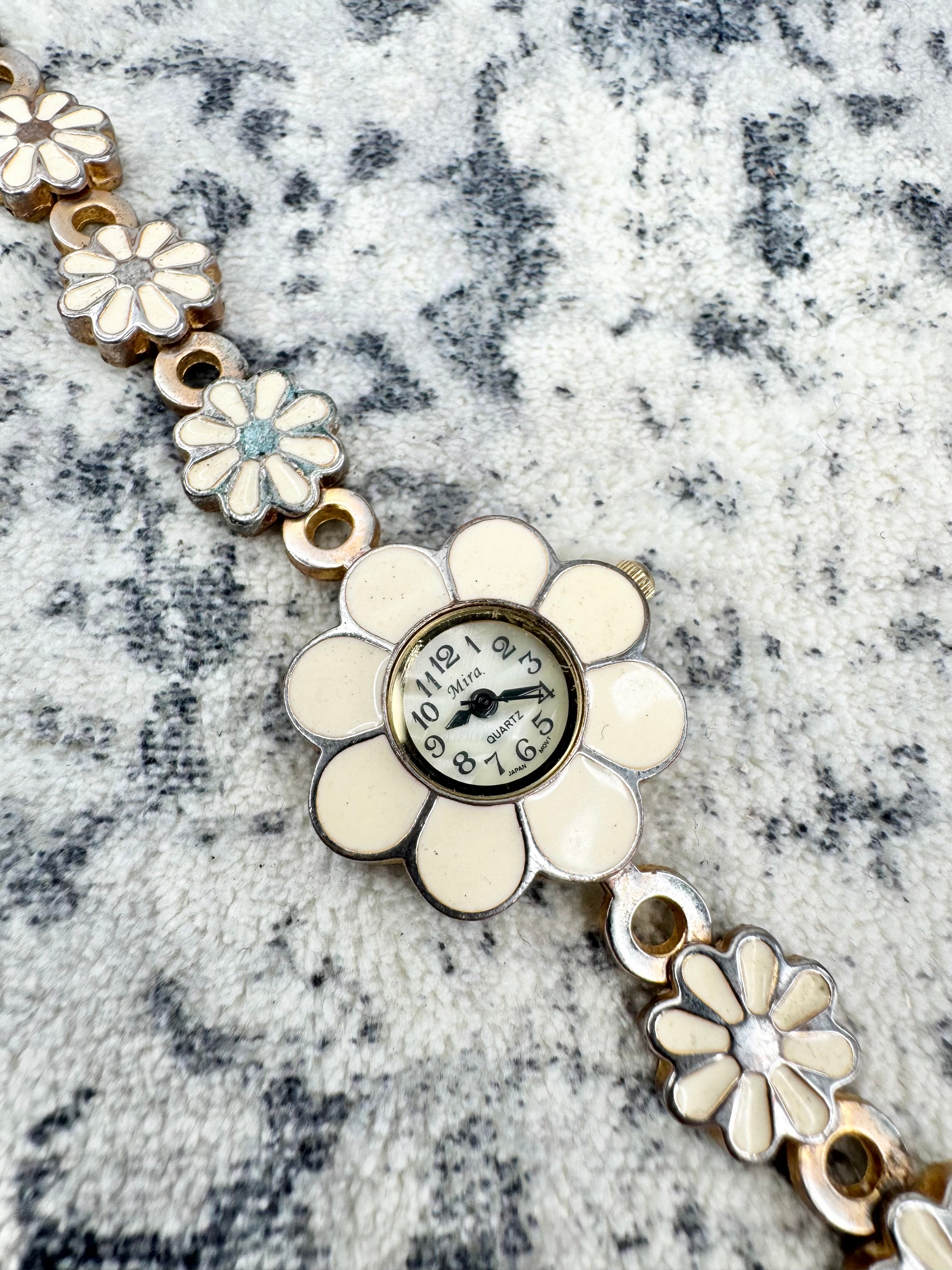 Mira Silver & Faded Gold Enamel Daisy Watch
