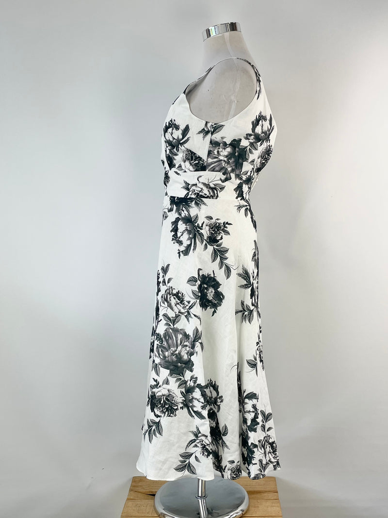 Veronika Maine White & Black Floral Linen Midi Dress - AU12