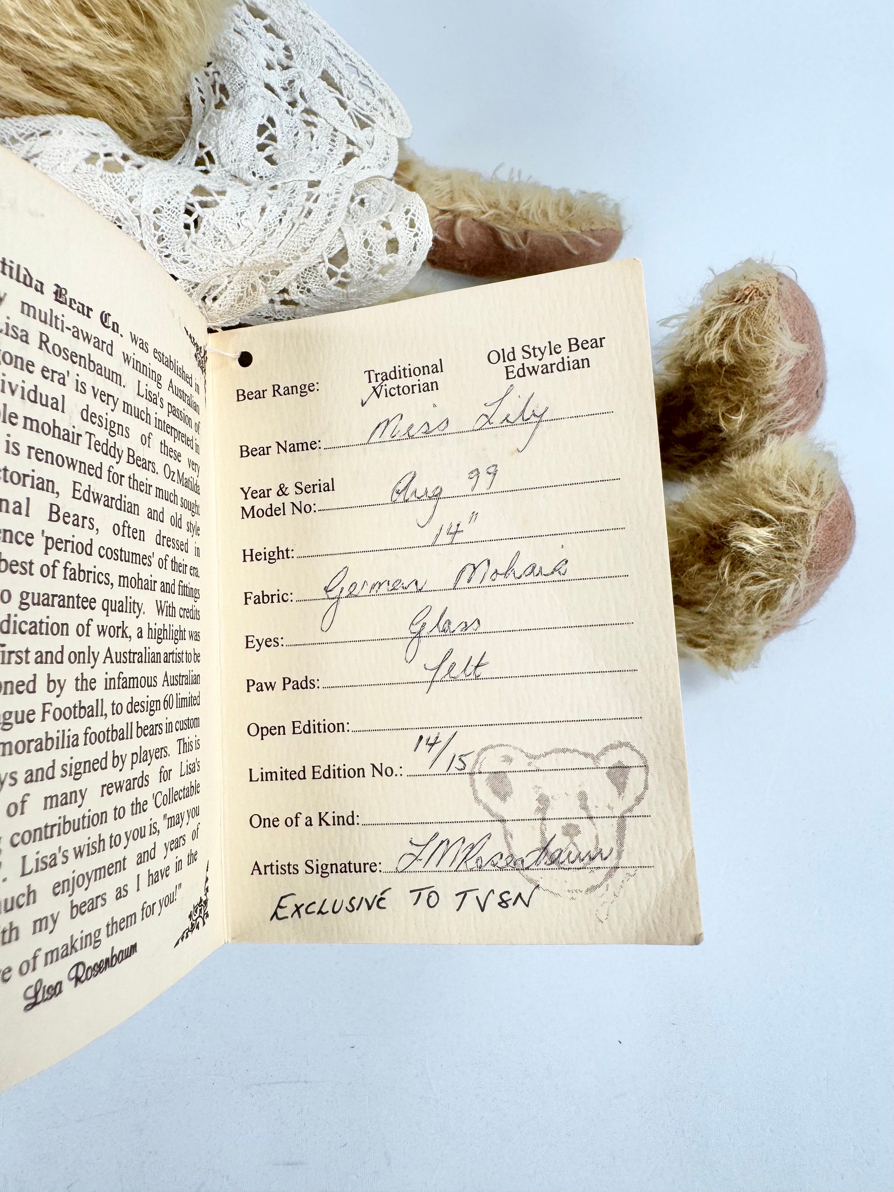 1999 Oz Matilda Bear Co 'Lily' Victorian Traditional Bear