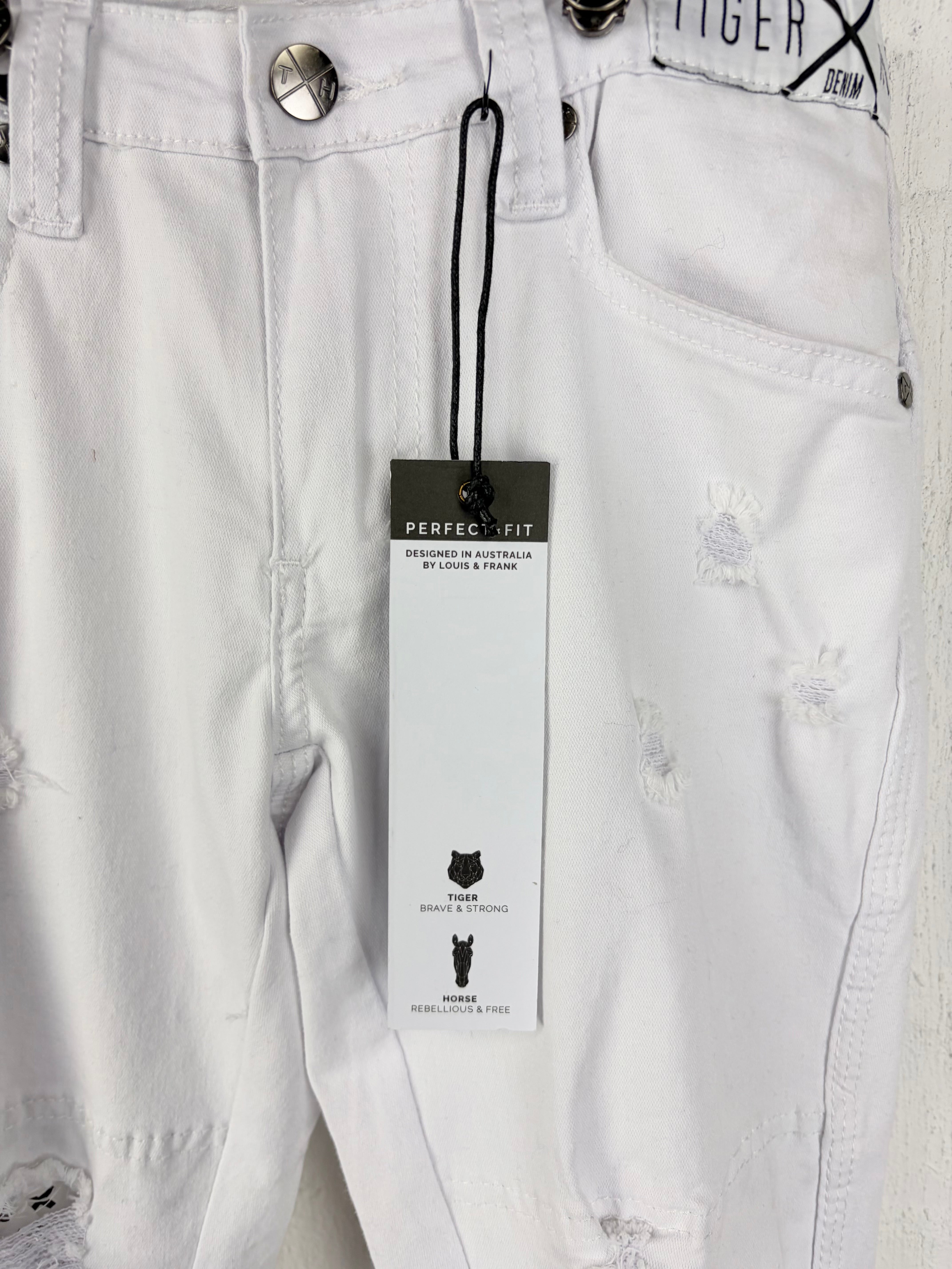 Tiger Horse White Denim Torn Suspender Jeans NWT - 28