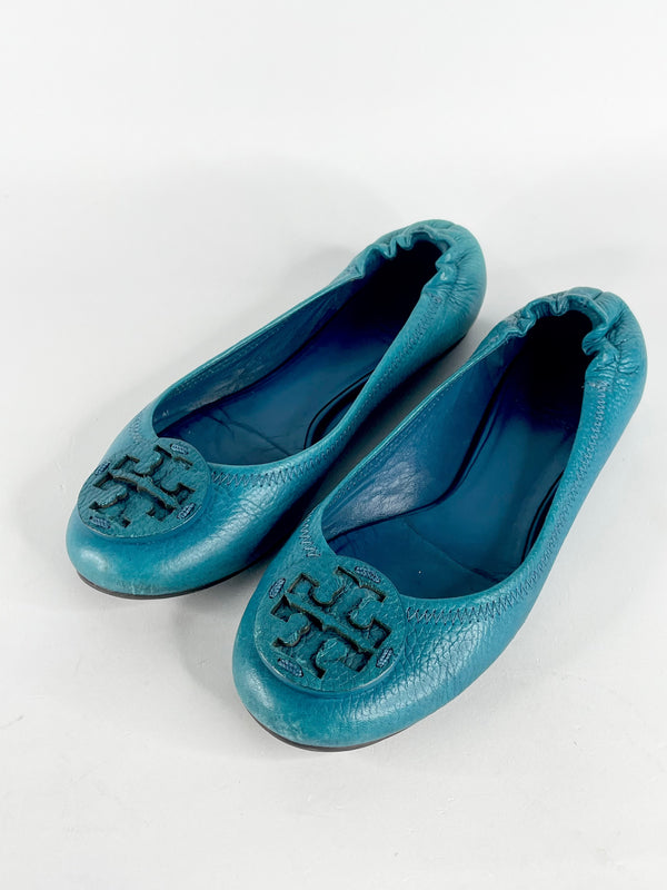 Tory Burch Turquoise Grained Leather Ballet Flats - EU37