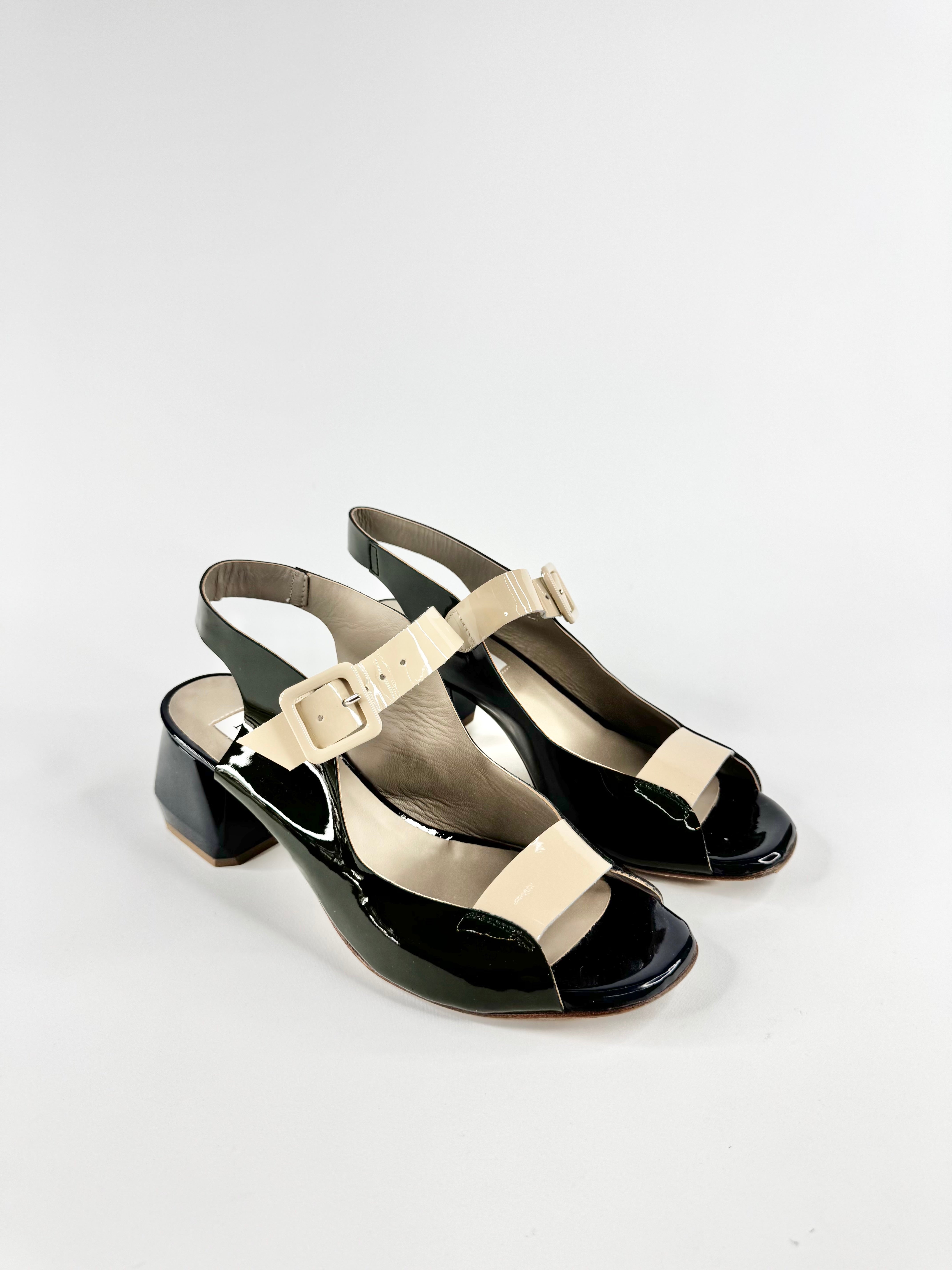 Habbot Dark Green, Navy & Beige 'Luca' Patent Leather Low Block Heel Sandals - EU40