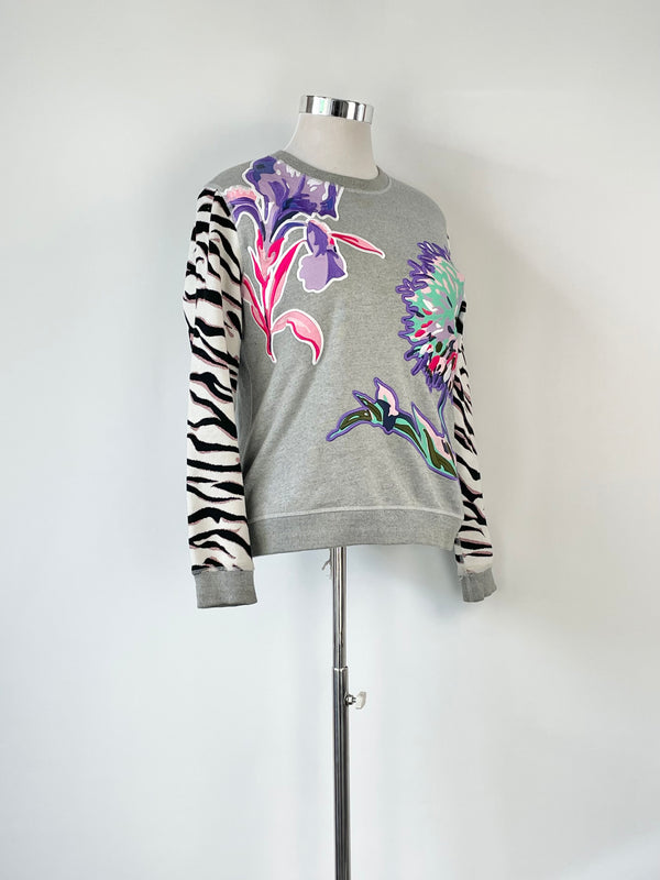 Kenzo Marle Grey Embroidered Floral & Zebra Print Sweater - M