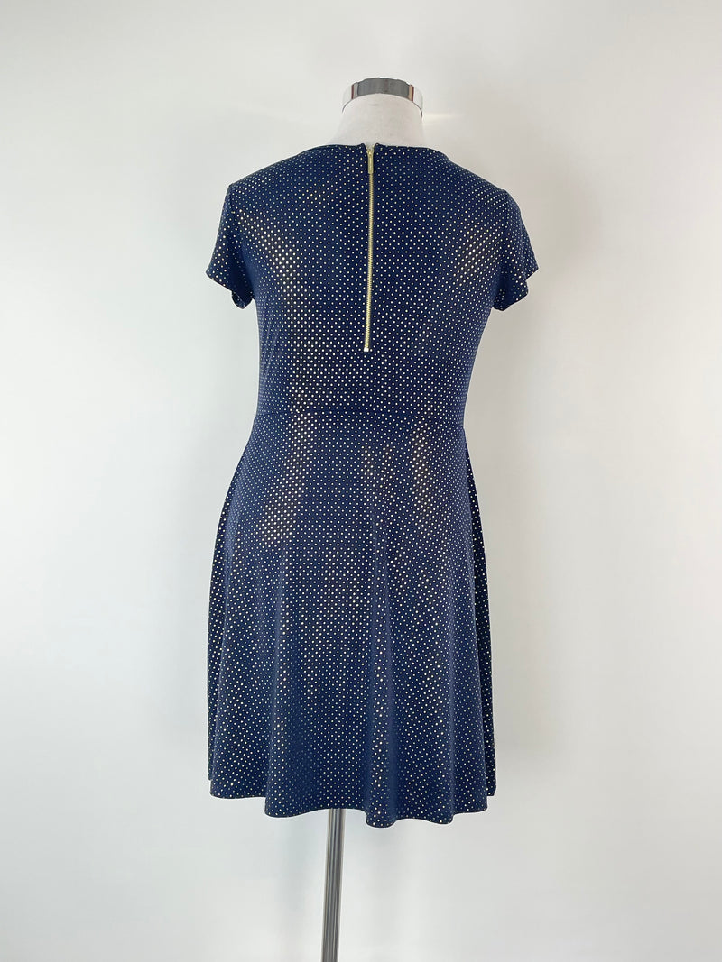 Michael by Michael Kors Navy Blue & Gold Dotted Midi Dress - AU14/16