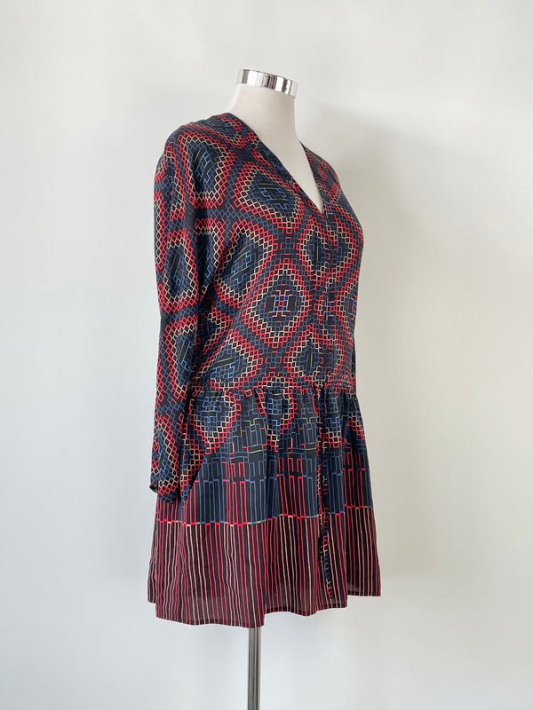 Ginger + Smart Navy Blue Geometric Stripe Silk Smock Dress - AU12