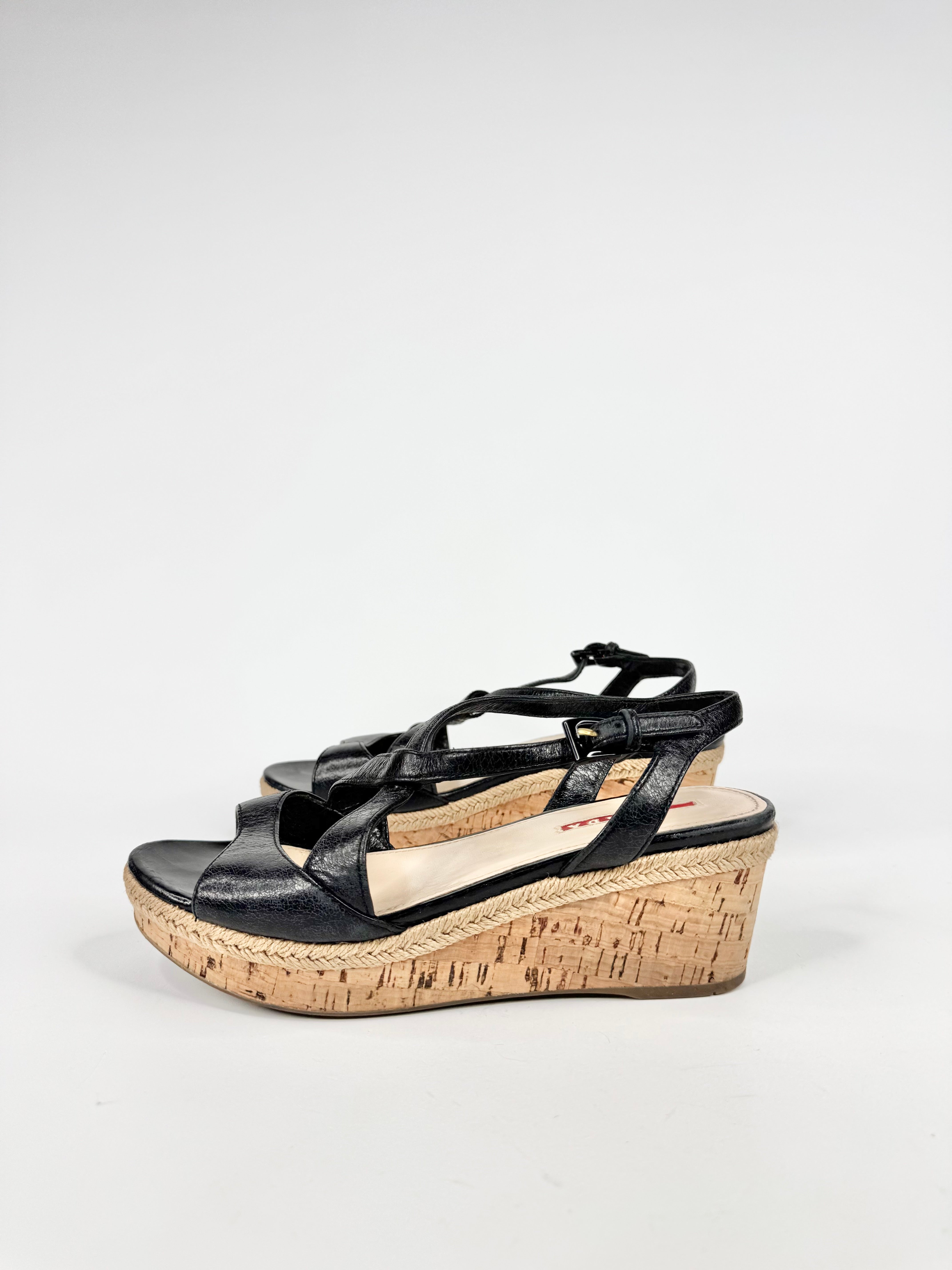 Prada Black Leather Peep Toe Cork Wedge Sandals - EU37.5