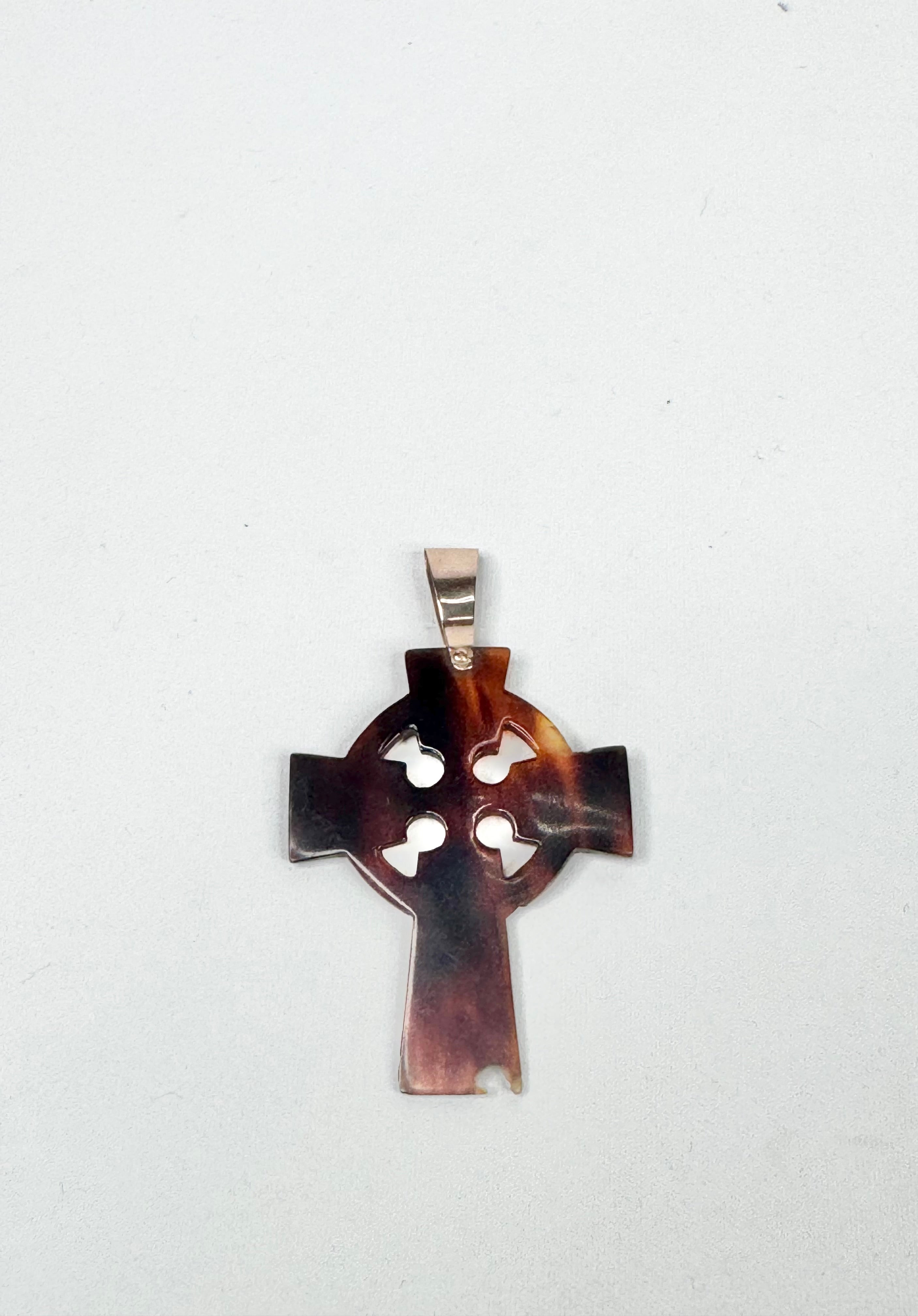 Vintage 9ct Gold Clasp Plastic Tortoiseshell Cross Pendant