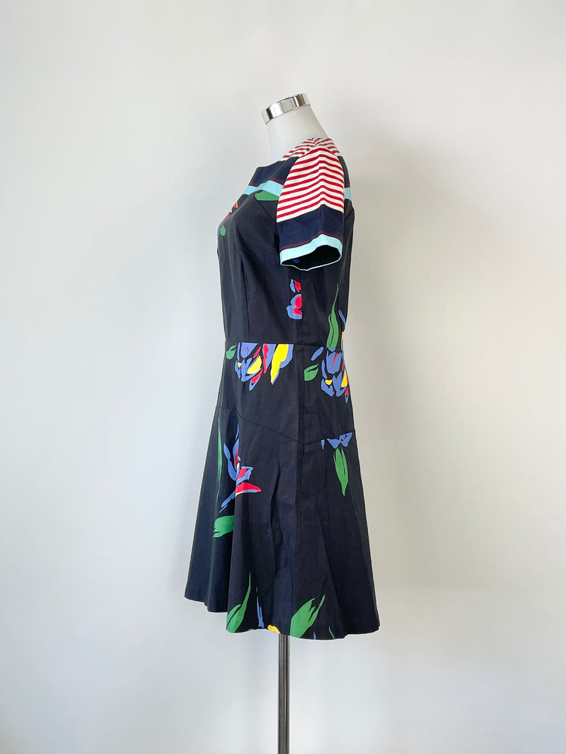 Suno Black with Florals & Striped Twill Midi Dress - AU8