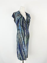 Halston Heritage Blue Striped Cowl Neck Midi Dress- AU8