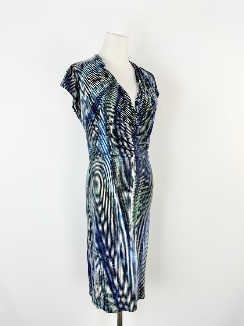 Halston Heritage Blue Striped Cowl Neck Midi Dress- AU8