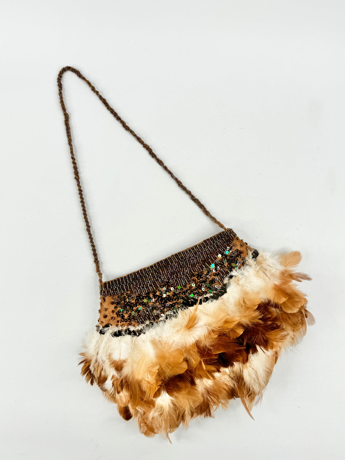 Tan Feather & Beaded Evening Purse