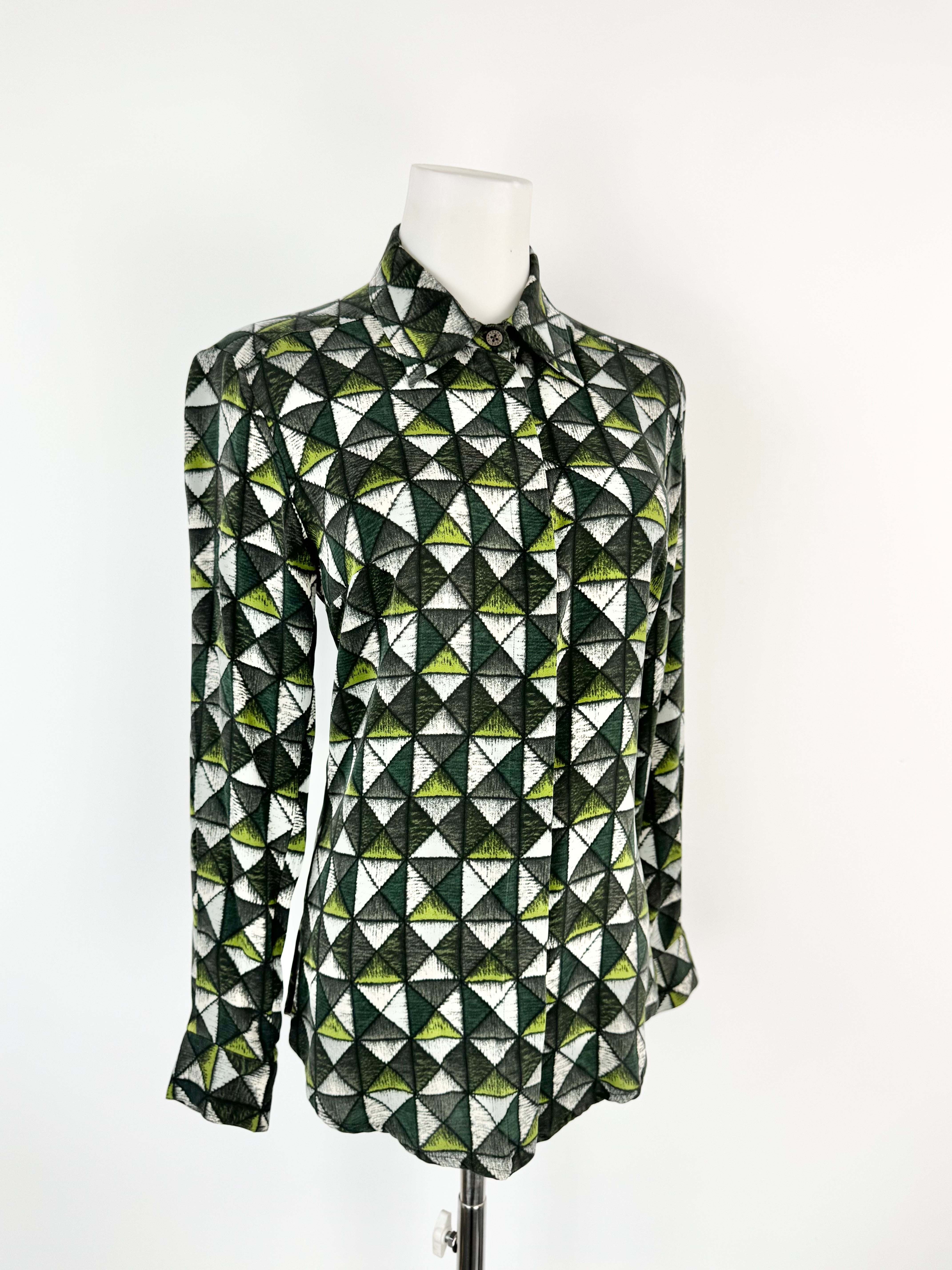 Samantha Sung Green Grid Patterned Fitted Silk Blouse - AU8