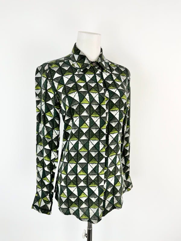 Samantha Sung Green Grid Patterned Fitted Silk Blouse - AU8