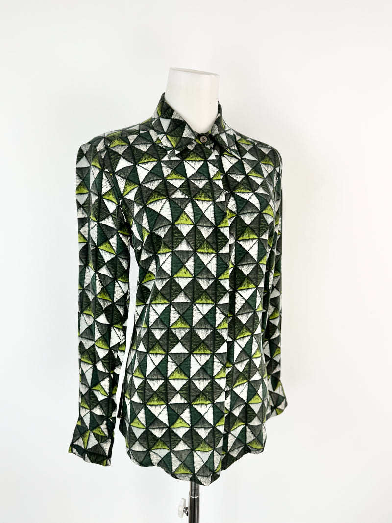 Samantha Sung Green Grid Patterned Fitted Silk Blouse - AU8