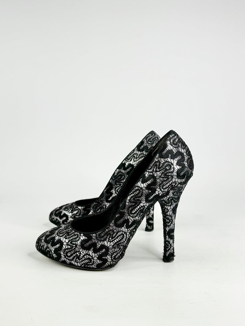 Dolce & Gabbana Silver & Black Squiggle Lace Patterned Stilettos - EU37