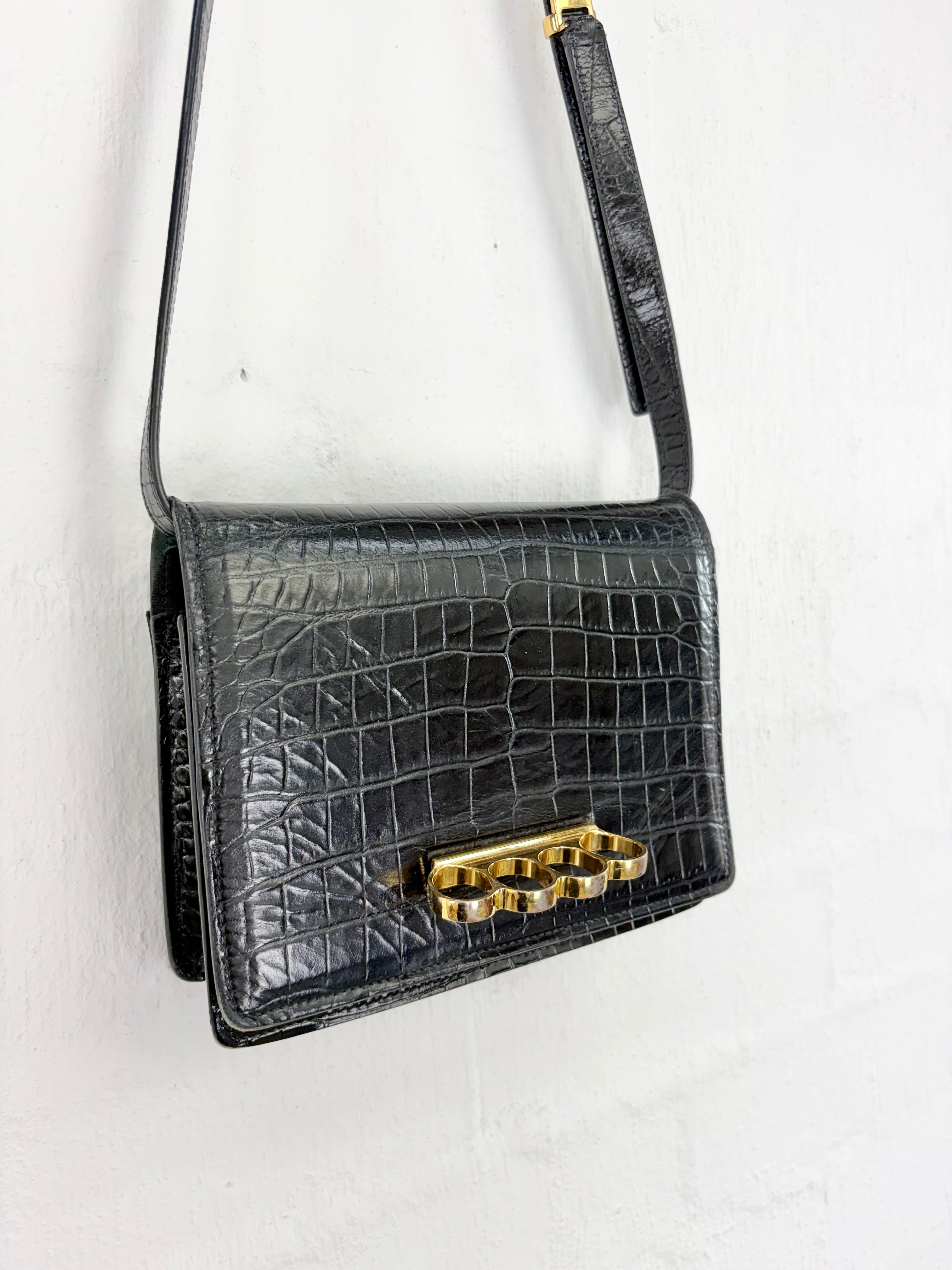 Alexander McQueen Black Croc Embossed 4 Ring Satchel