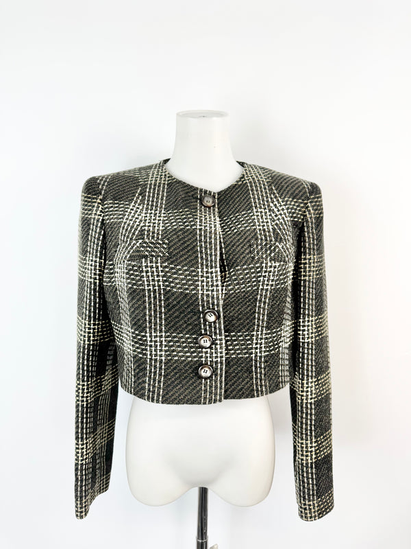 Valentino Miss V Brown & Cream Glen Plaid Cropped Blazer - AU10