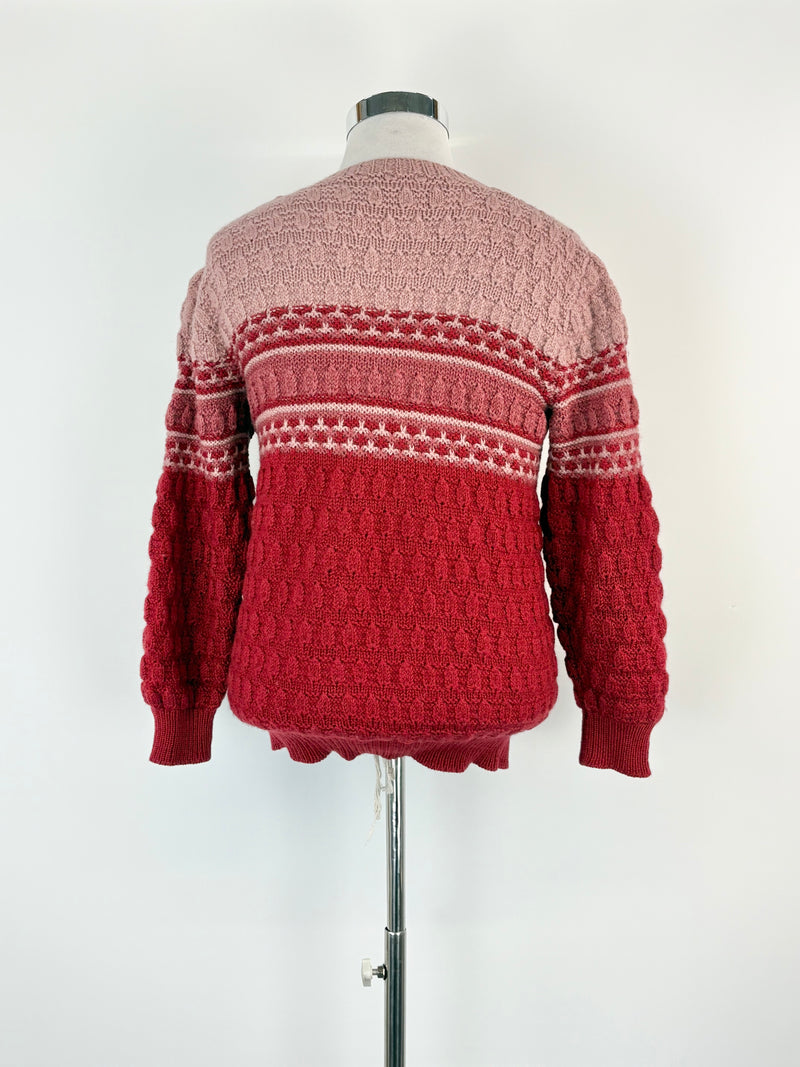 Hand-Made Cherry & Pastel Pink Wool Knit Sweater - AU12