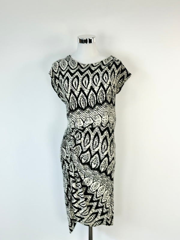 Thakoon Black & Cream Patterned Silk Gathered Midi Dress - AU8/10