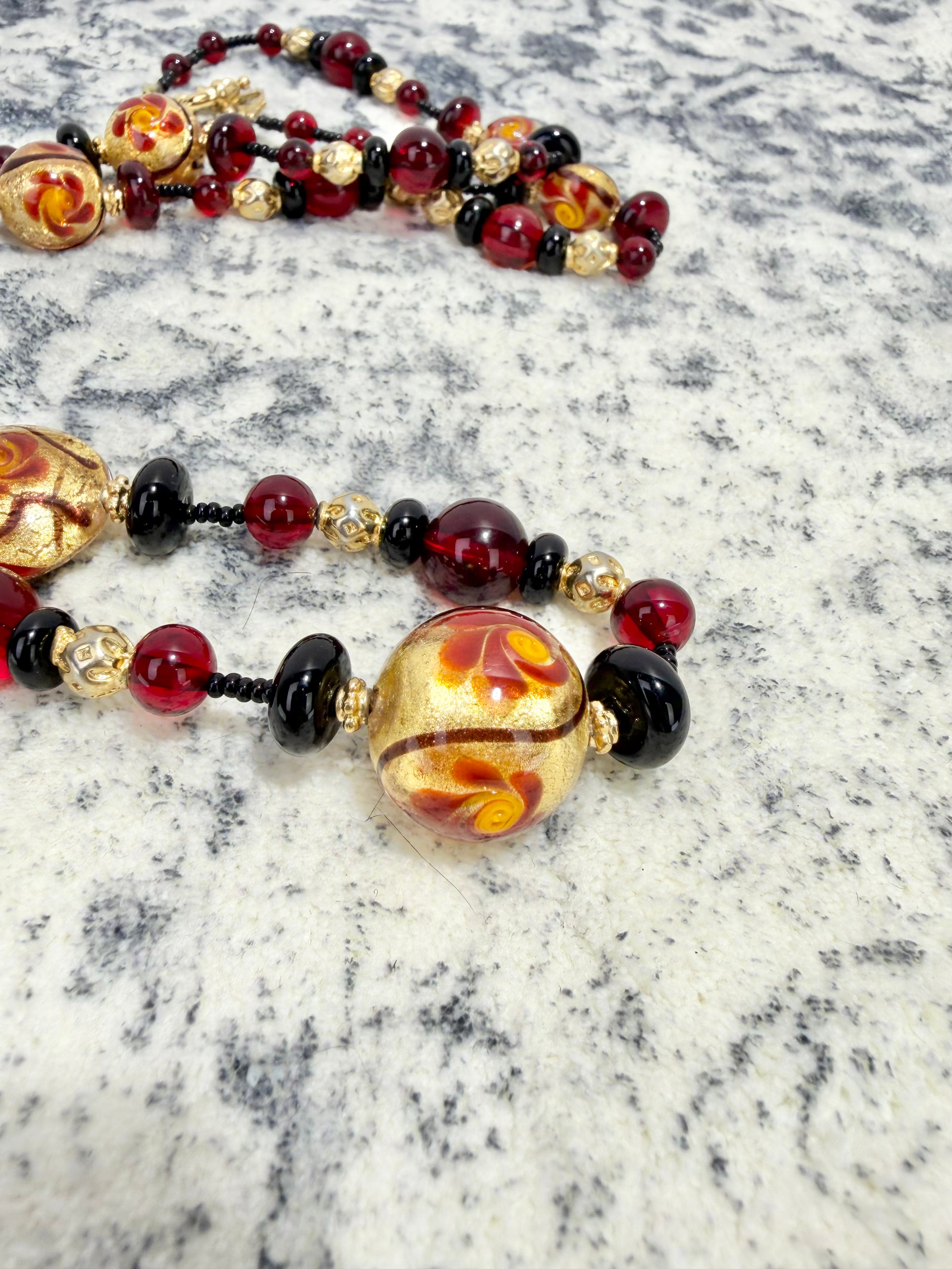 Antica Murrina Garnet Red & Metallic Gold Rose Pattern Glass Bead Necklace