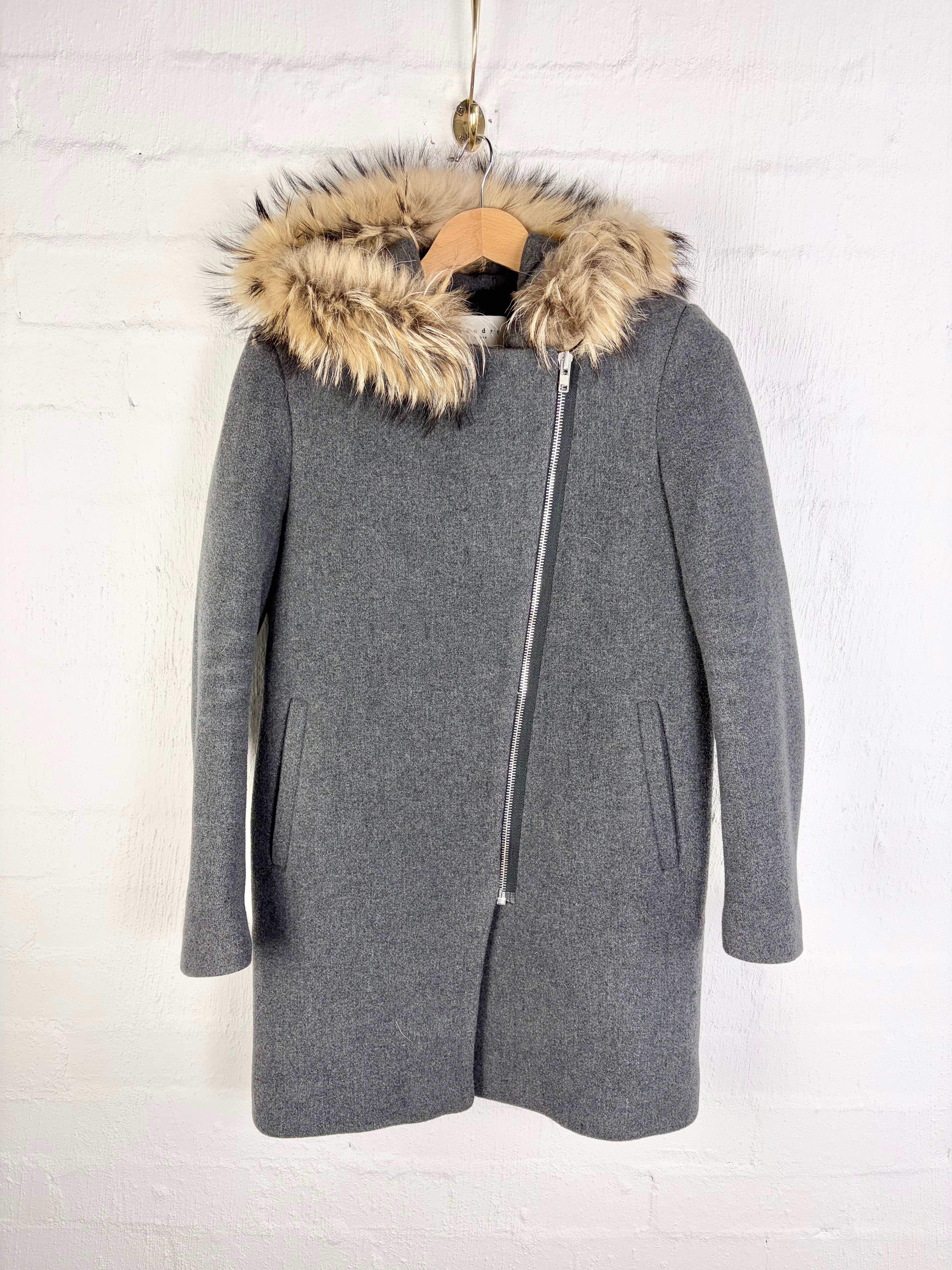 Sandro Paris Grey Asymmetrical Zip Wool Coat - AU10