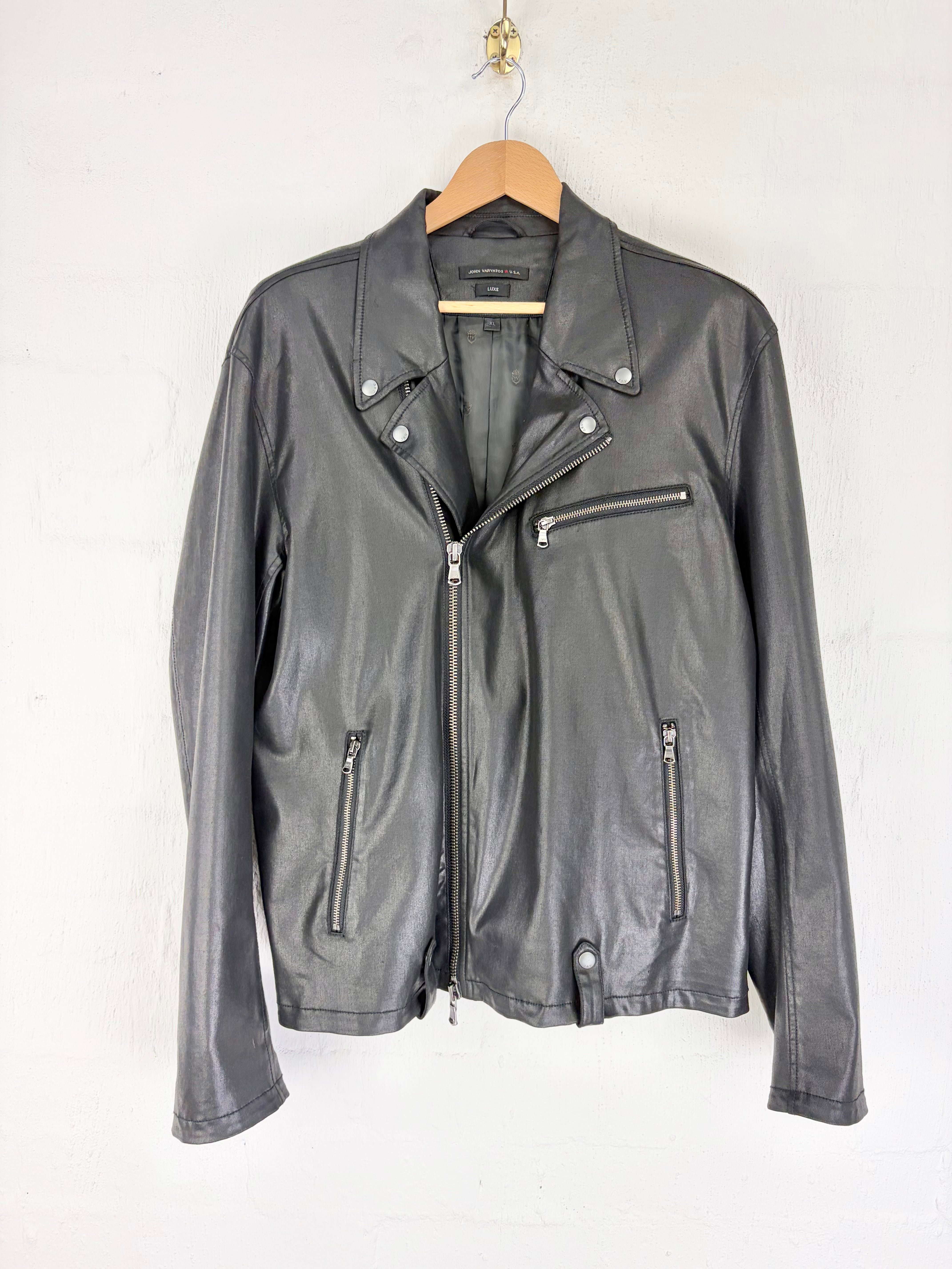 John Varatos Black Modal Coated Biker Style Jacket - L
