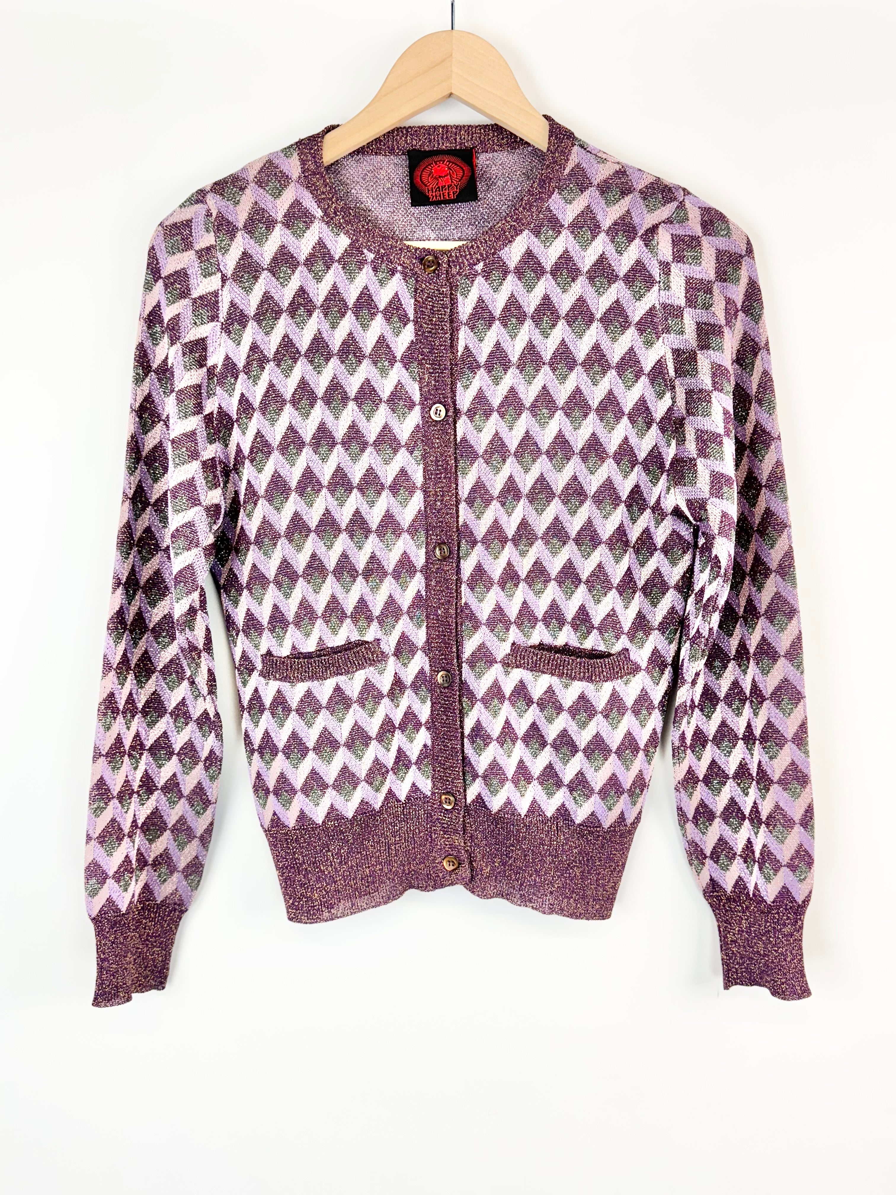 Happy Sheep Purple Metallic Diamond Pattern Cardigan - AU16