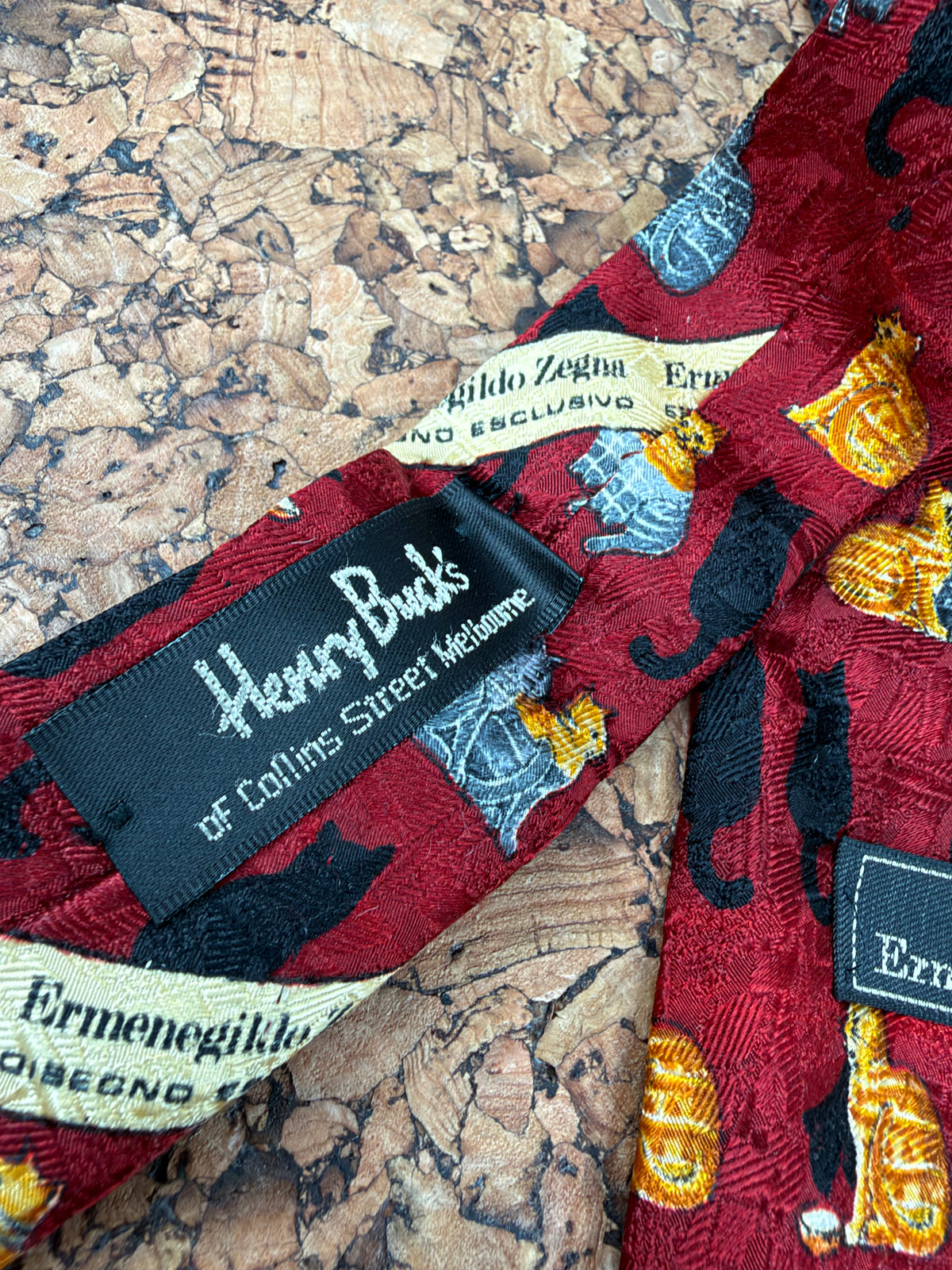 Zegna Deep Red Tabby Cat Patterned Silk Tie