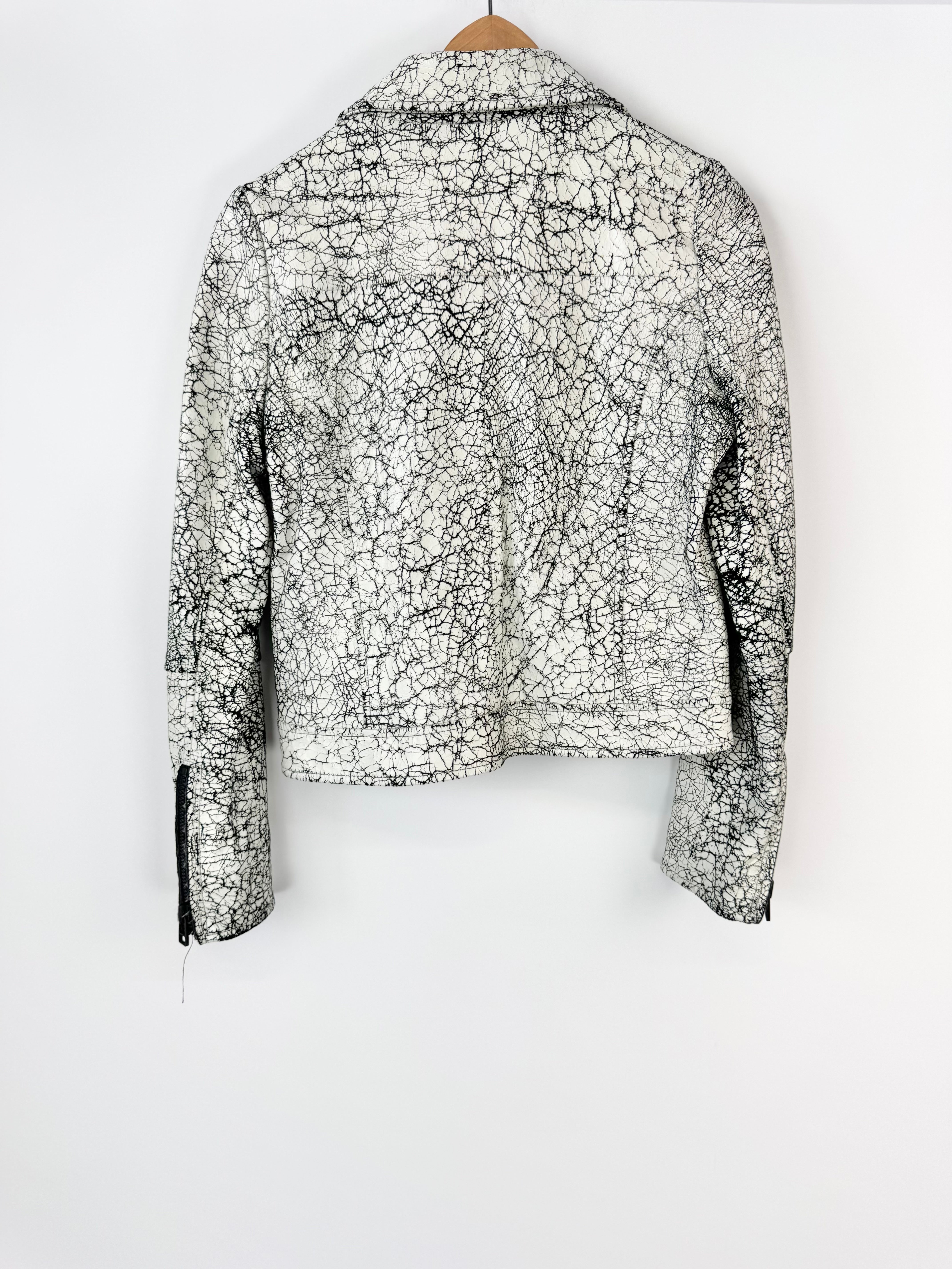 Life with Bird Black & White Crackle Leather Biker Jacket - AU8