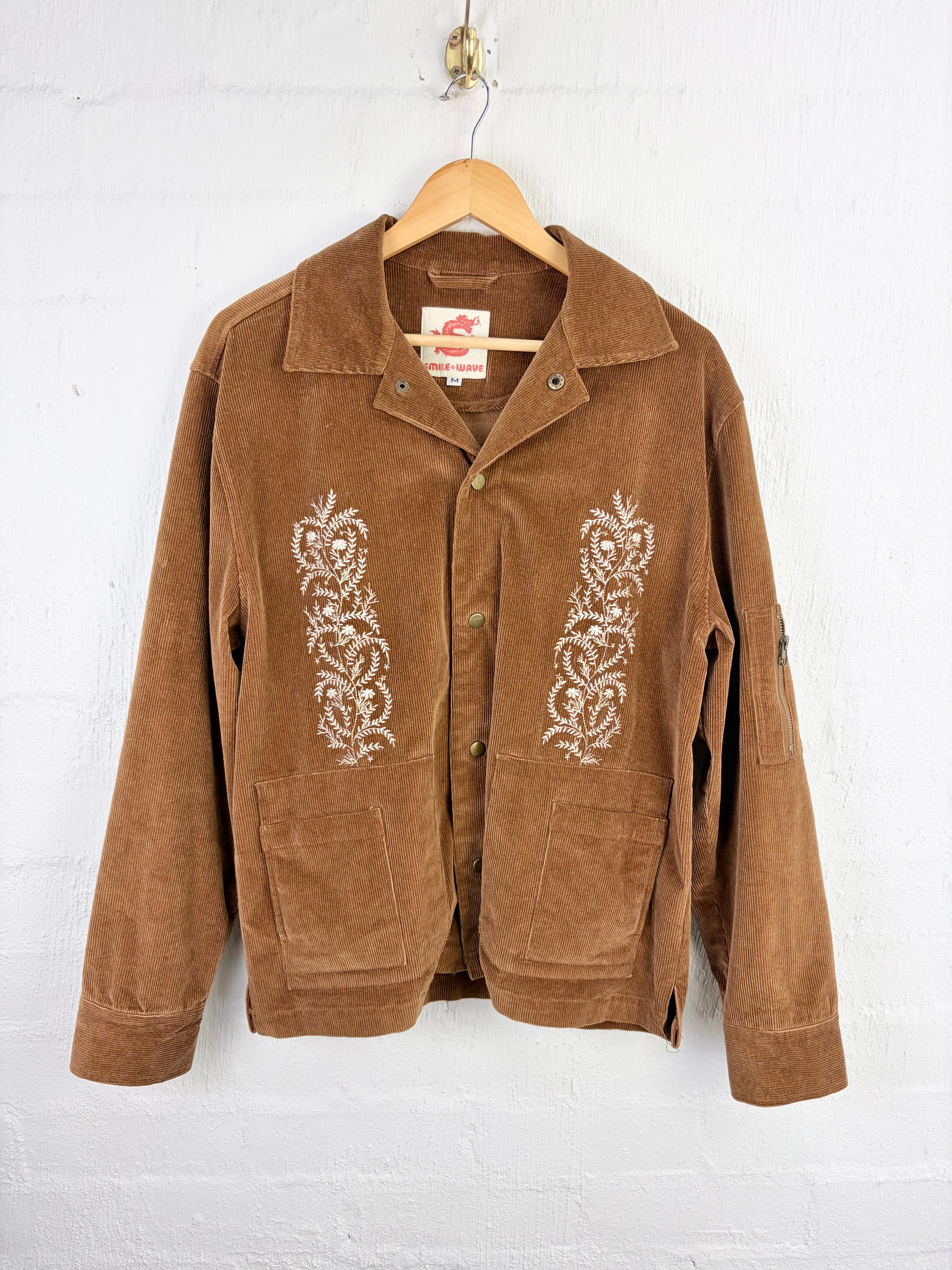 Retro Smile Wave Brown Corduroy Embroidered Jacket - M