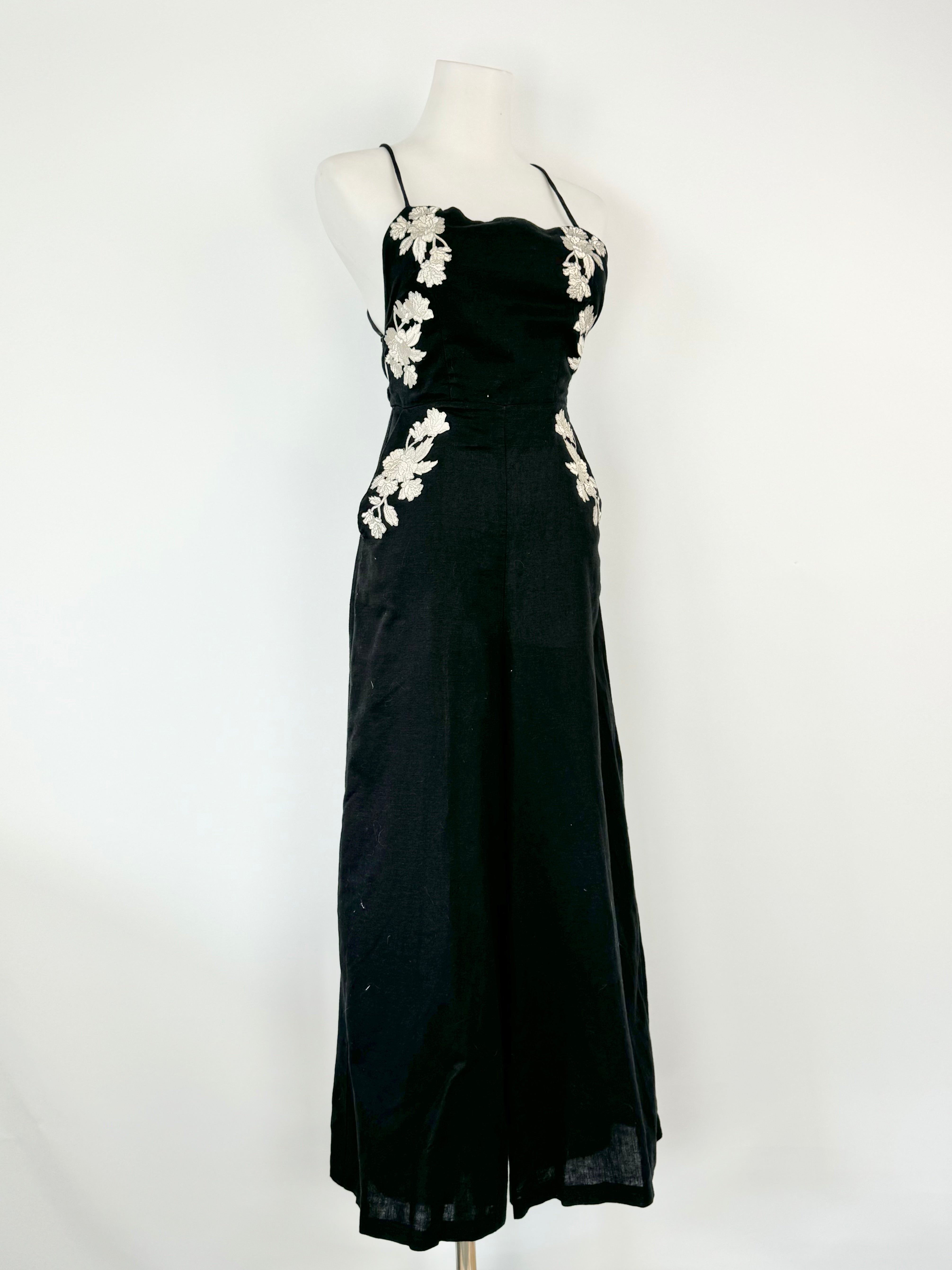 Zimmermann Black Linen Floral Embroidered Backless Jumpsuit - AU6/8
