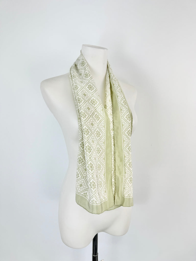 Vintage Jaeger Made Hand Rolled Long Cream & Green Silk Scarf