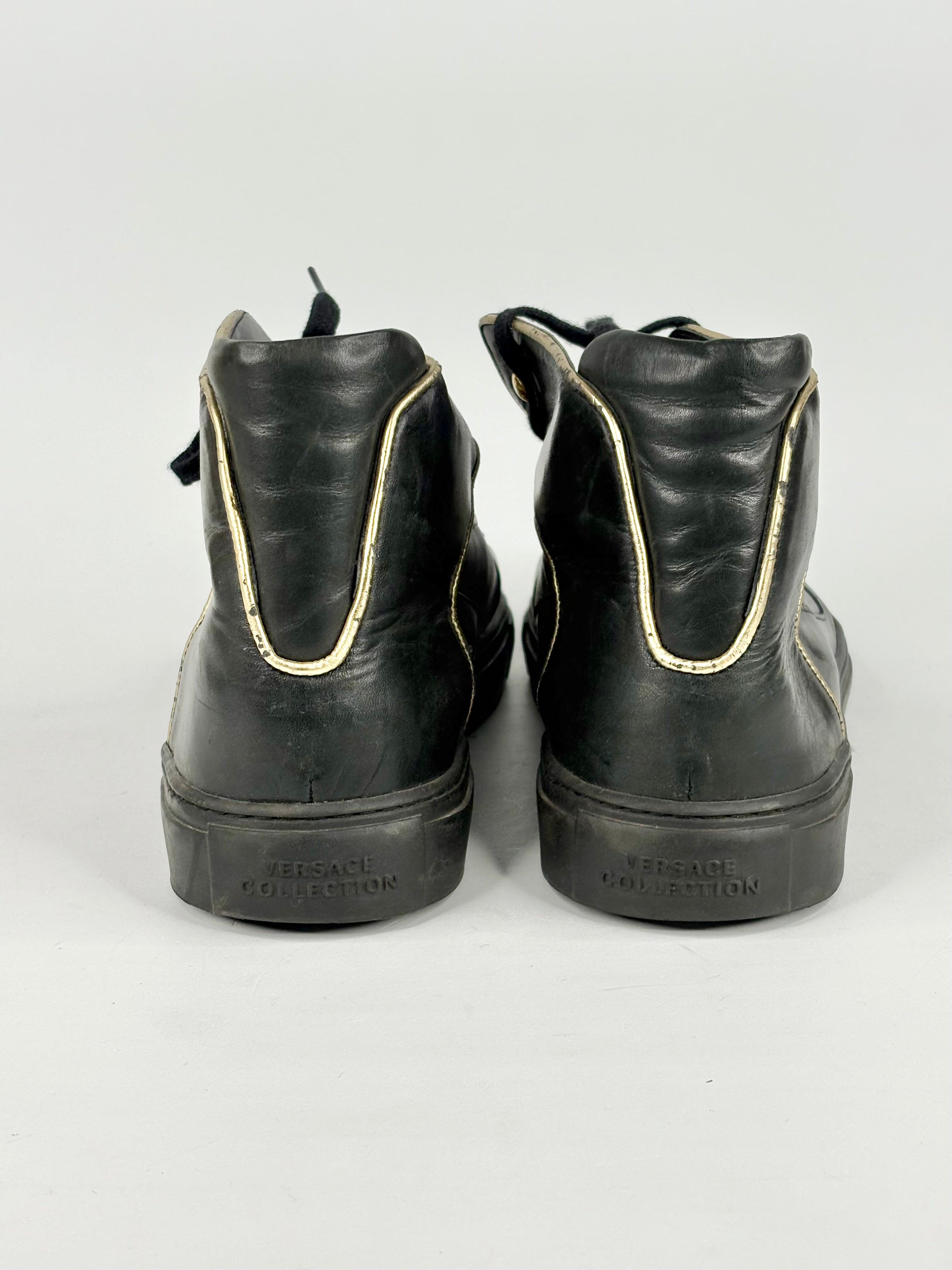 Versace Collection Black Leather & Gold Trim High-Top Sneakers - EU45