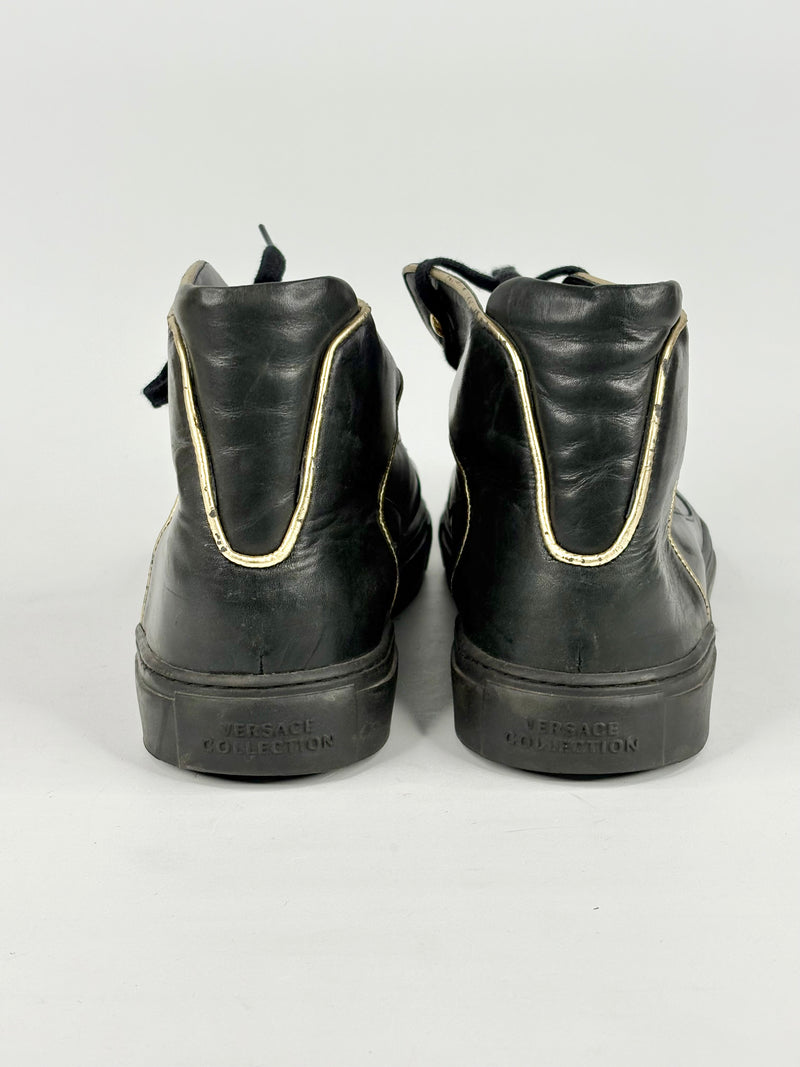 Versace Collection Black Leather & Gold Trim High-Top Sneakers - EU45