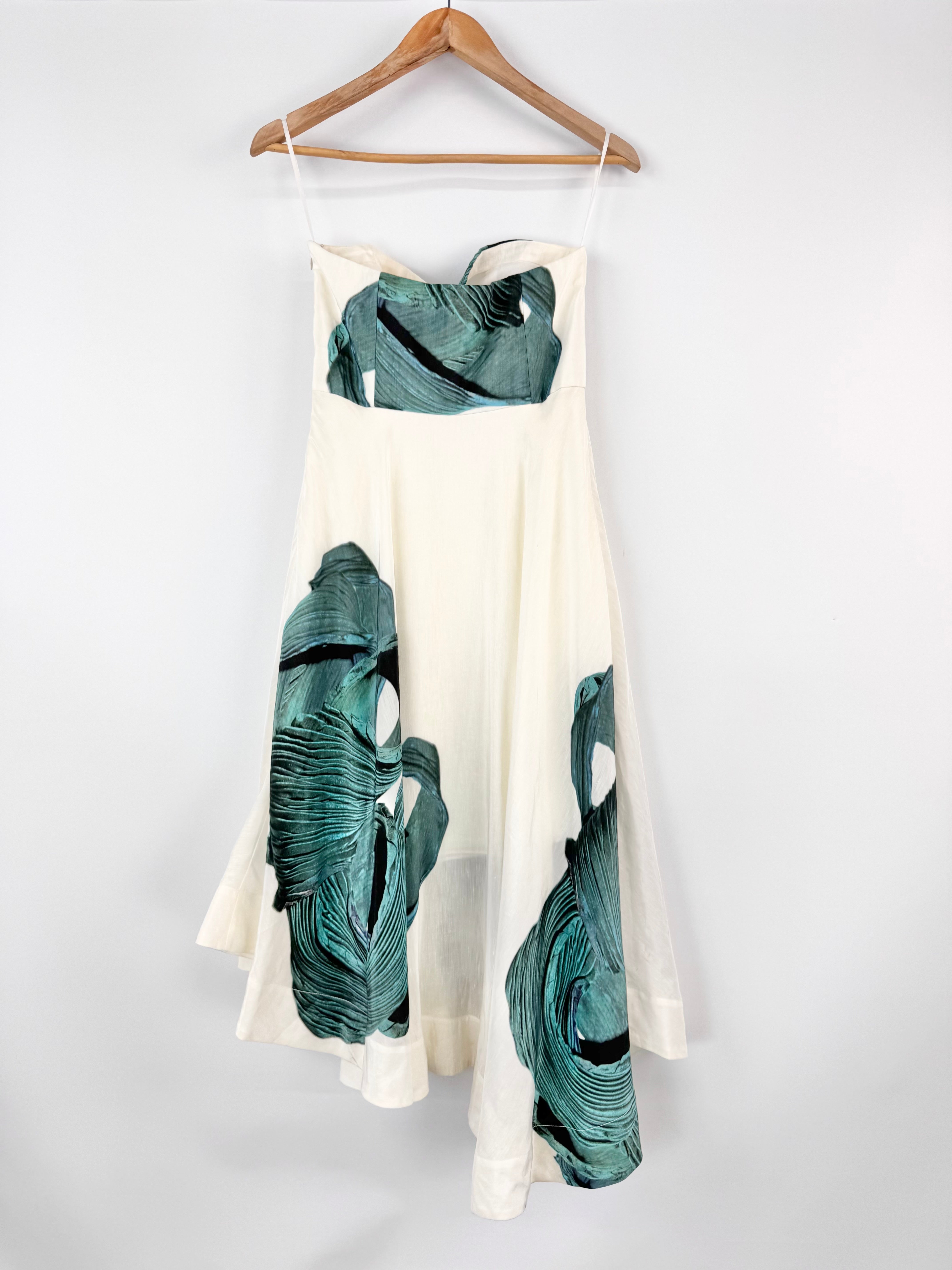 Tibi Off White and Holographic Teal Patterned Strapless Dress - AU6