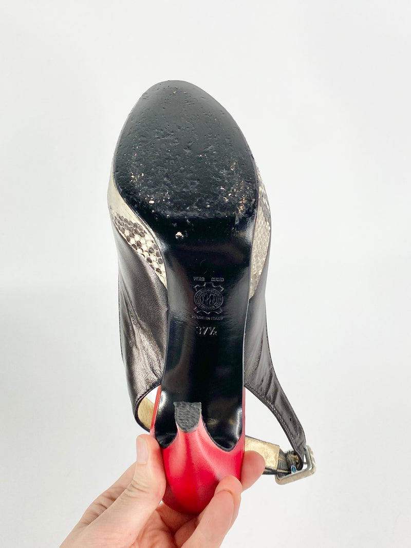 Filipo Raphael Black Red & Snakeprint Sling Back Stilettos - EU37.5