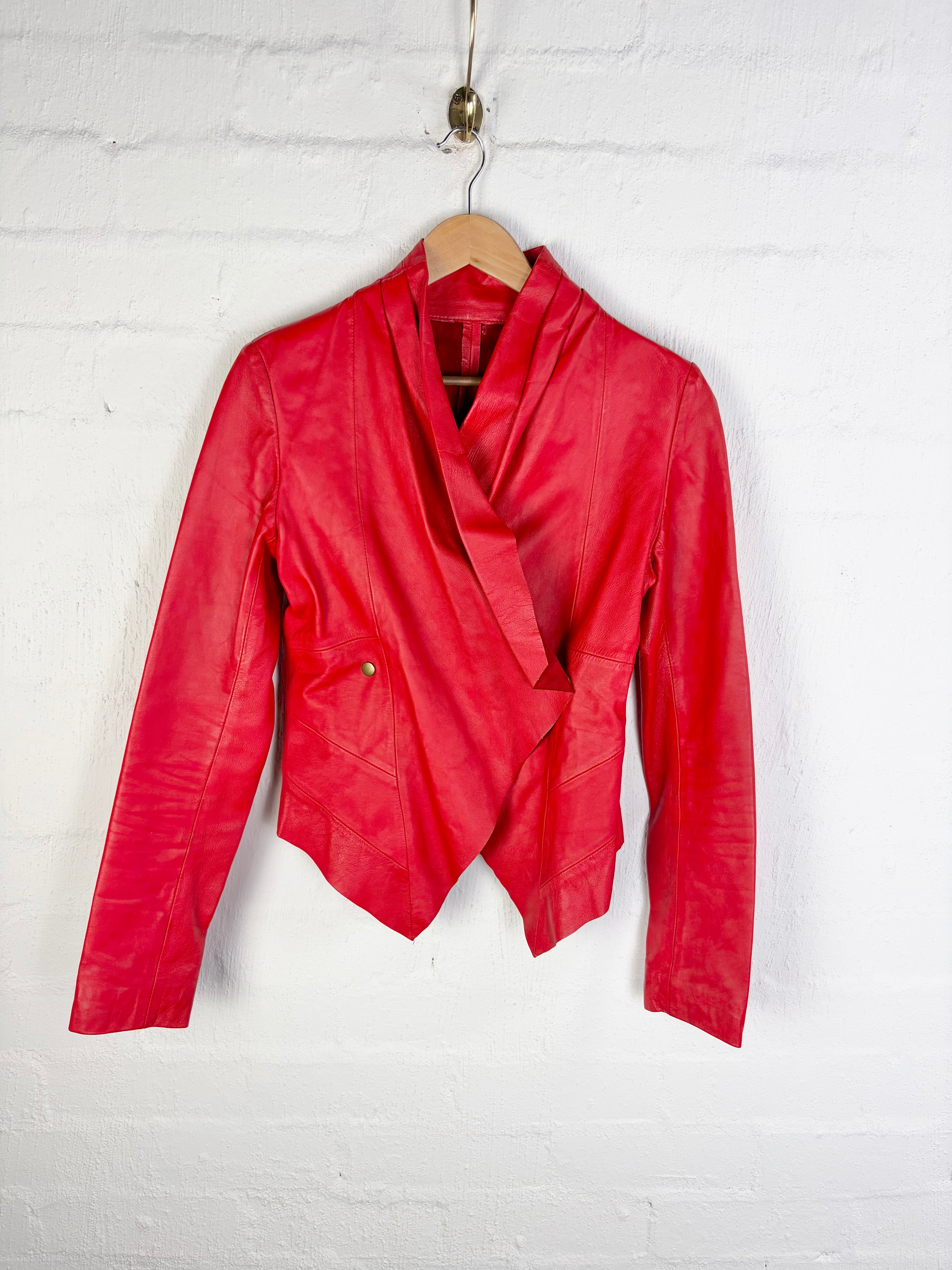 Rose Red Asymmetrical Leather Jacket - AU10