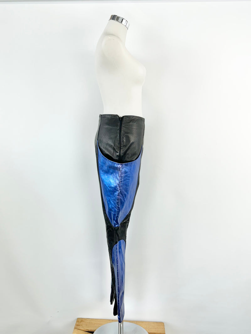 Christina Exie Black & Metallic Blue Leather Skinny Leg Slacks - AU8