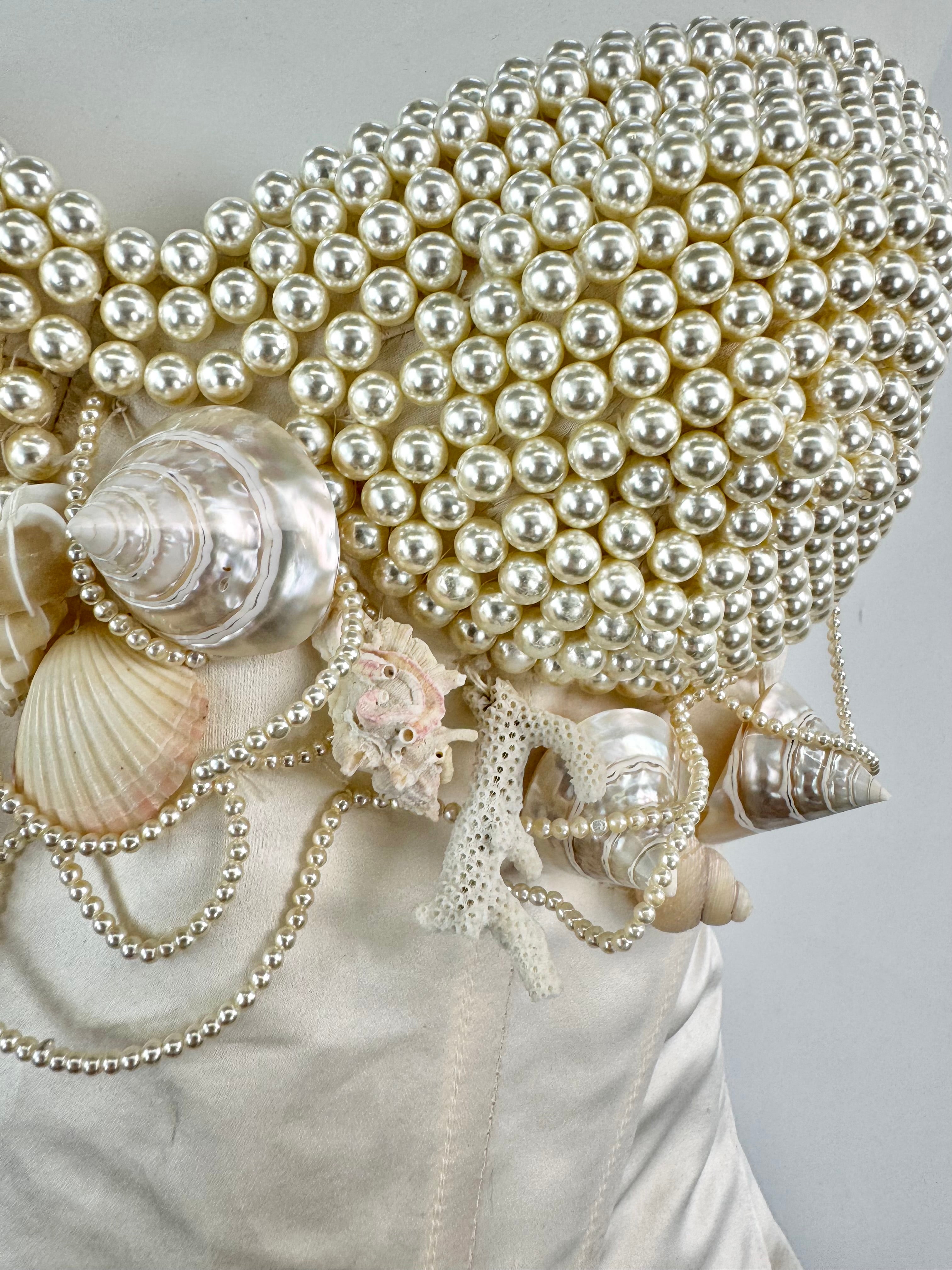 Cream Satin Hand Embellished Pearl & Shell Corset - AU8/10