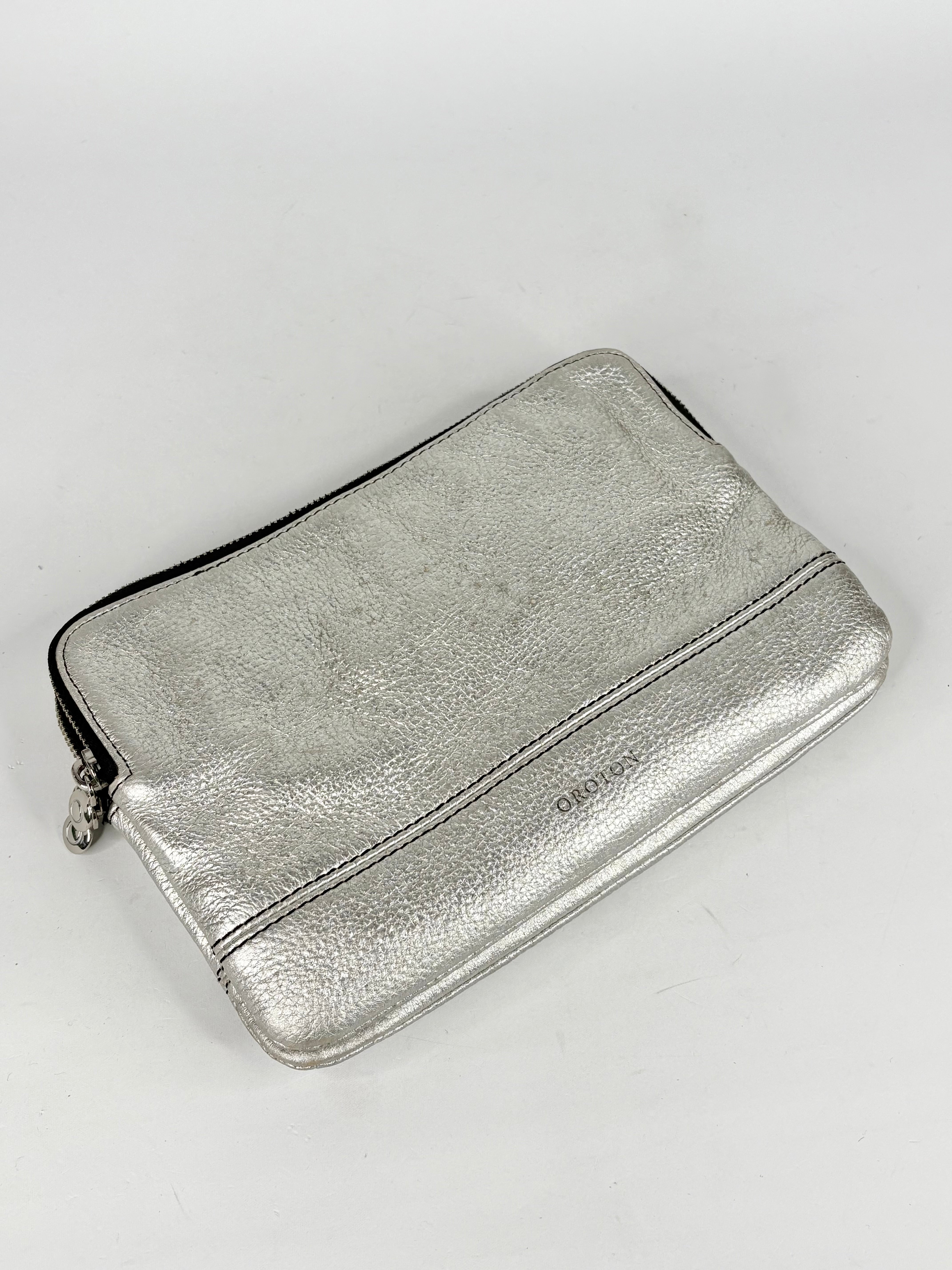 Oroton Metallic Silver Leather Clutch Bag