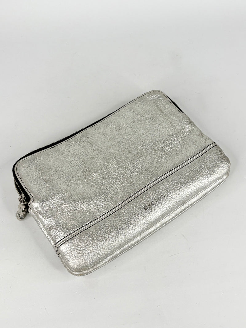 Oroton Metallic Silver Leather Clutch Bag